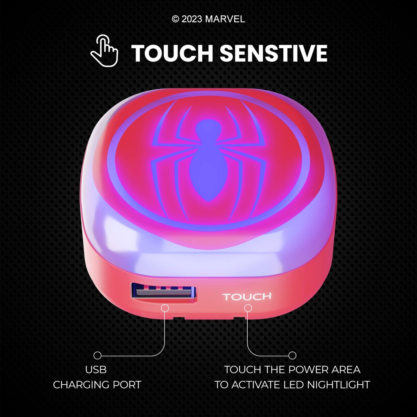 iJoy Marvel Spiderman Night Light with Touch LED and USB Charging Port- Spider Man Stuff/Spider-Man Gifts for Boys and Fans of Marvel- Foldable Plug
