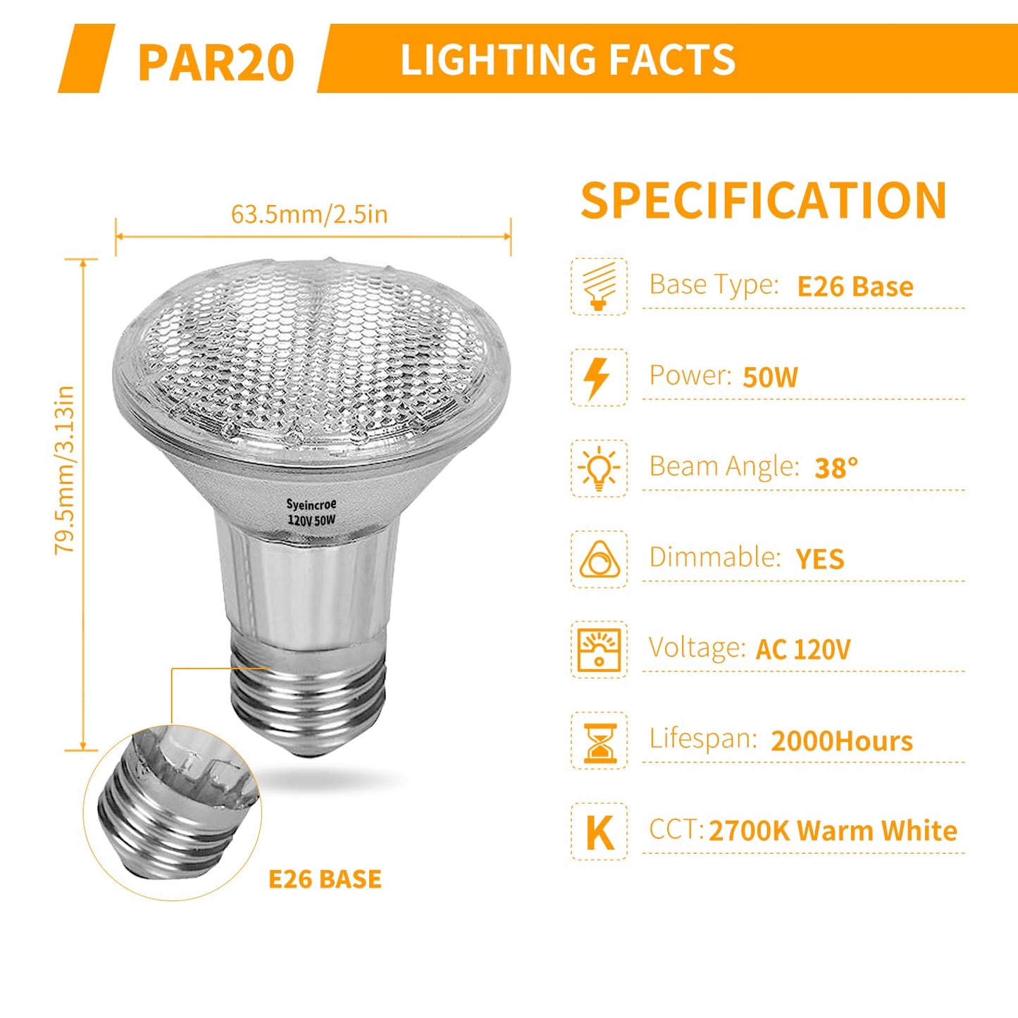Syeincroe PAR20 50W Halogen Bulbs 6-Pack, Dimmable 120V E26 Base, Narrow Flood Light for Recessed, Track & Display Lighting