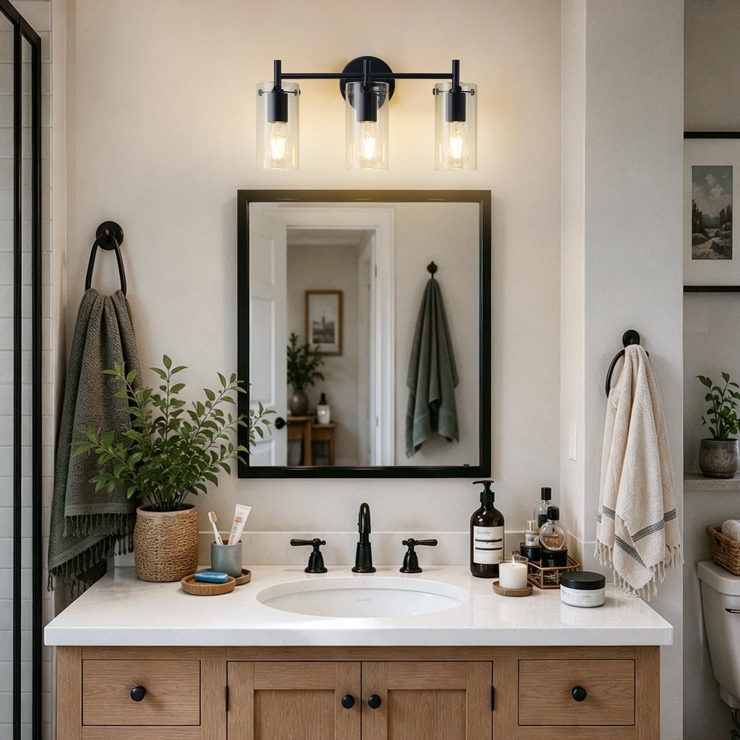 Indoi Bathroom Light Fixtures, 3-Light Matte Black Vanity Light, Black Bathroom Lights Over Mirror with Clear Glass Shade, Wall Sconces for Mirror