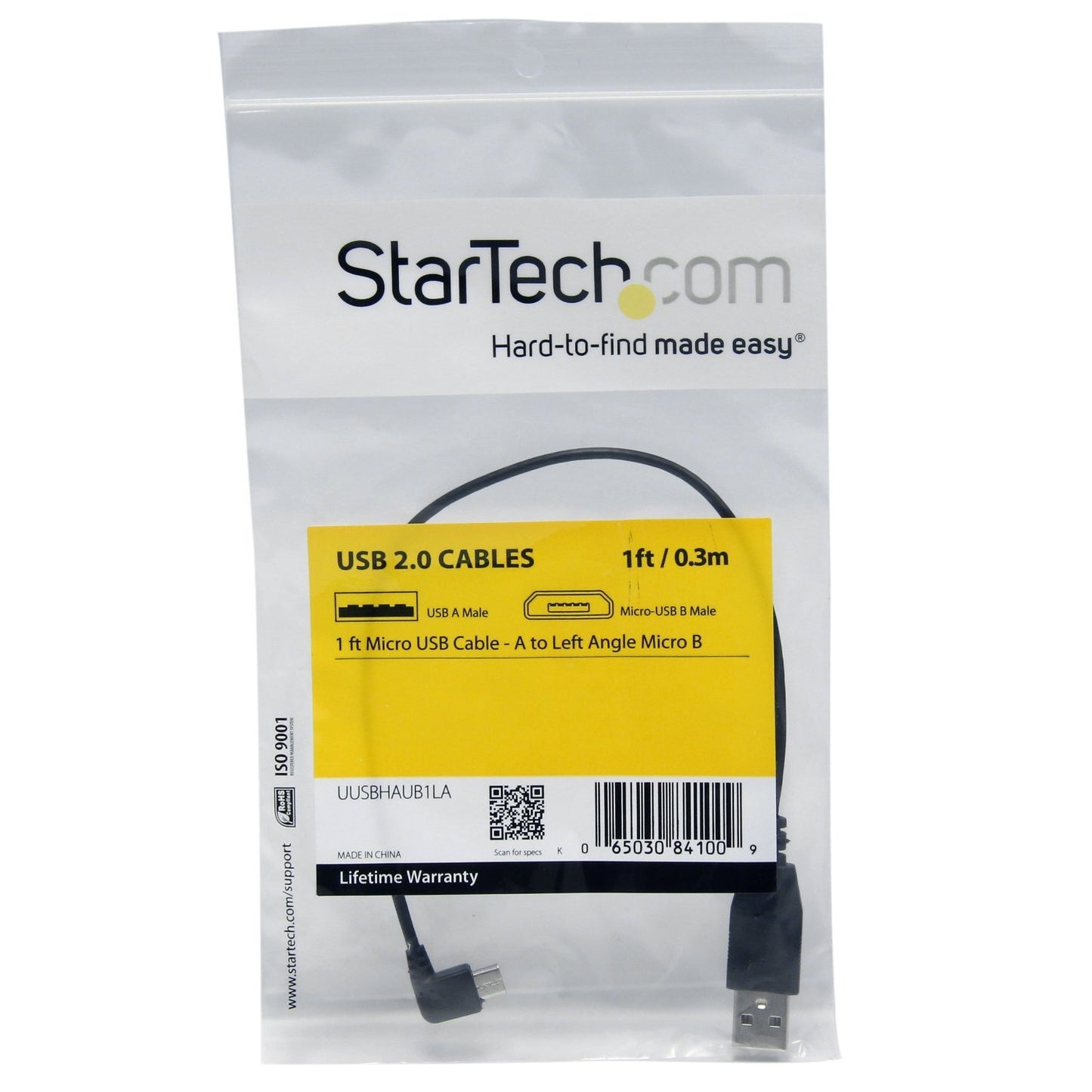 StarTech.com 1 ft. (0.3 m) USB to Micro USB Cable - USB 2.0 A to Left Angle Micro B - Black - Micro USB Cable (UUSBHAUB1LA)