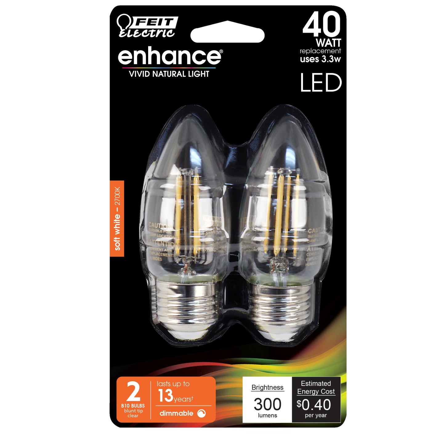 Feit Electric B10 Enhance LED Light Bulb, 40W Eq, Soft White, 2 Pack