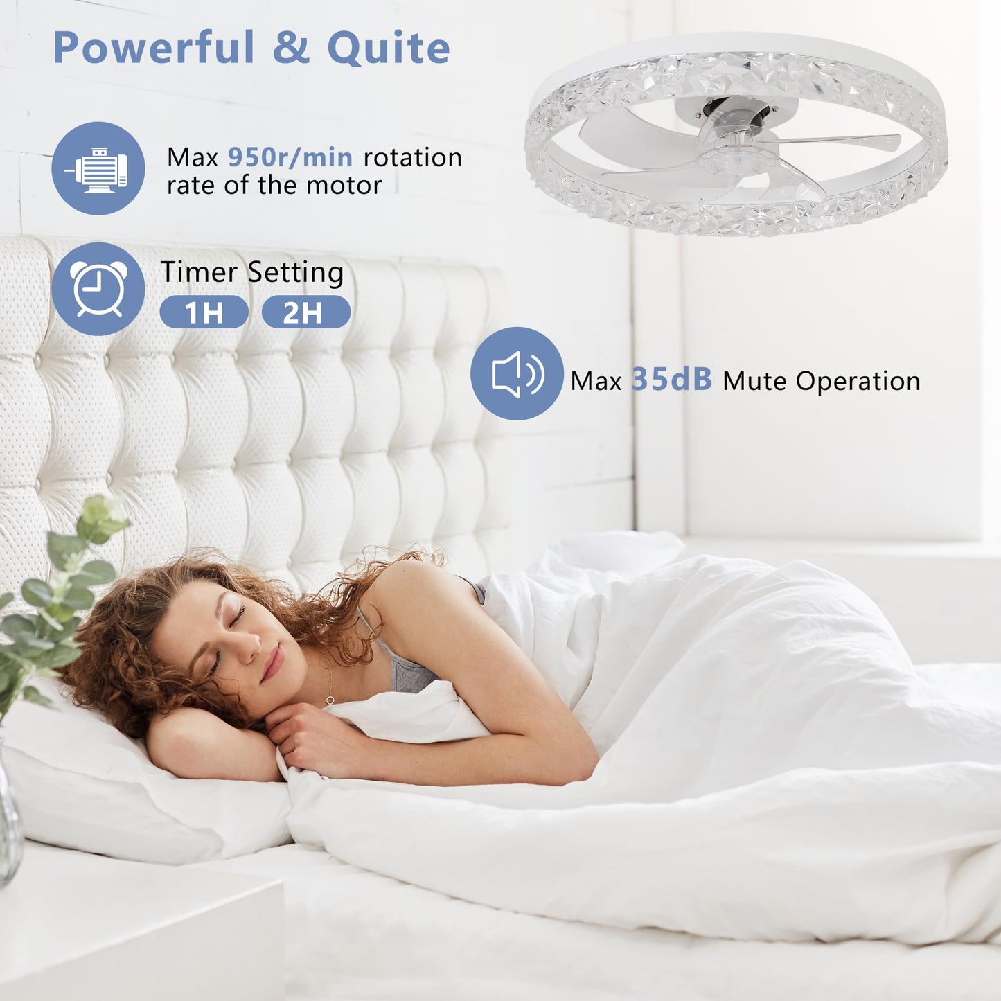 YIHANTLZ Crystal Ceiling Fan Light with Reversible Blades, 3-Speed Quiet Motor, Remote Control & Timer, Integrated LED Lighting for Bedroom, Living