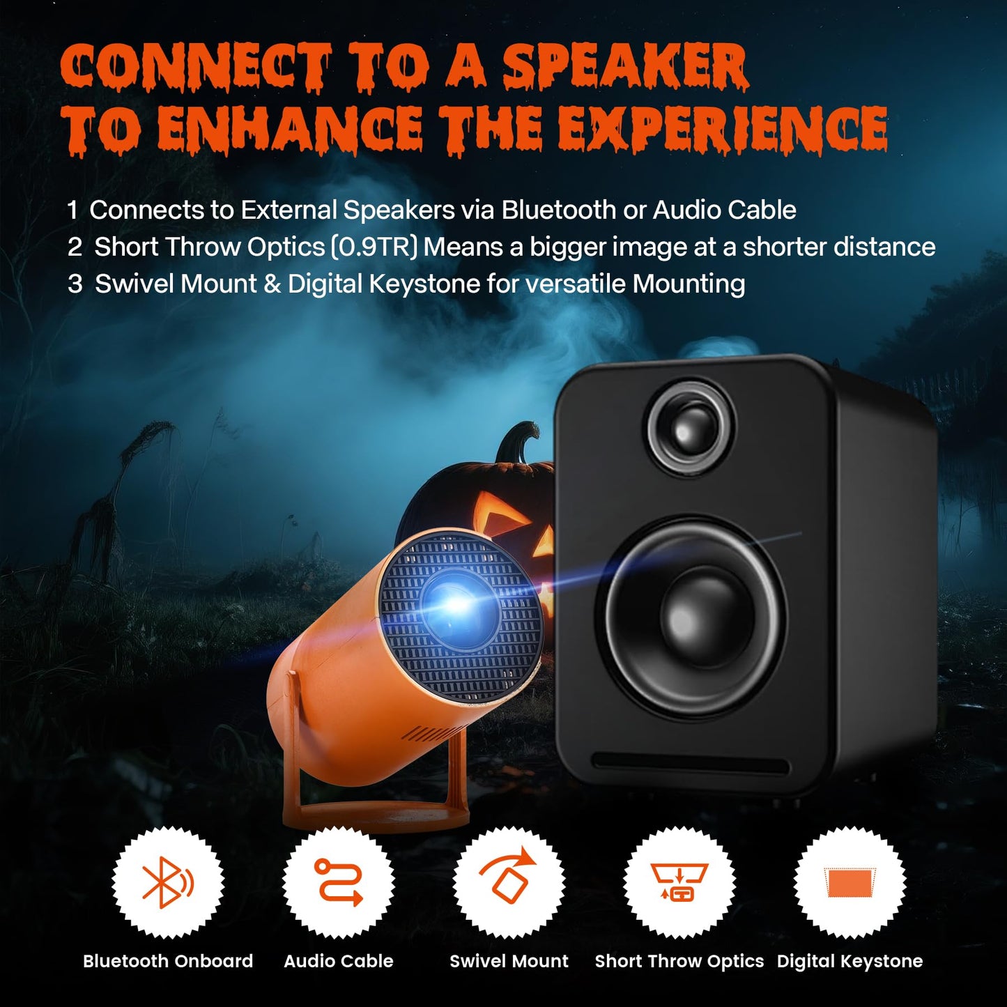 AAXA HP Halloween Projector (2025 Upgraded) for Haunted Windows, Auto-Start, Holographic Projections, Short Throw, HD 1080P, Portable Projector with 8