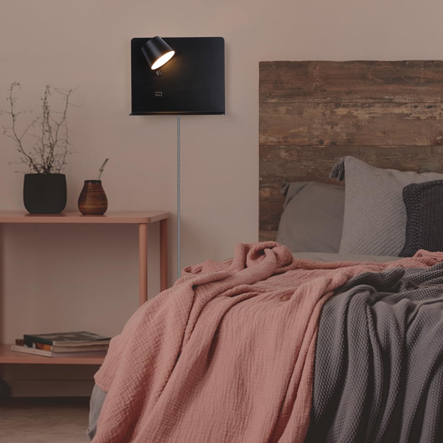 COSYLUX Modern LED Wall Sconce with Shelf, 2in1 Design Plug in & Hardwired Reading Wall Lamp for Bedroom Bedside, 6W,450lm,2700K Rotatable Wall Light