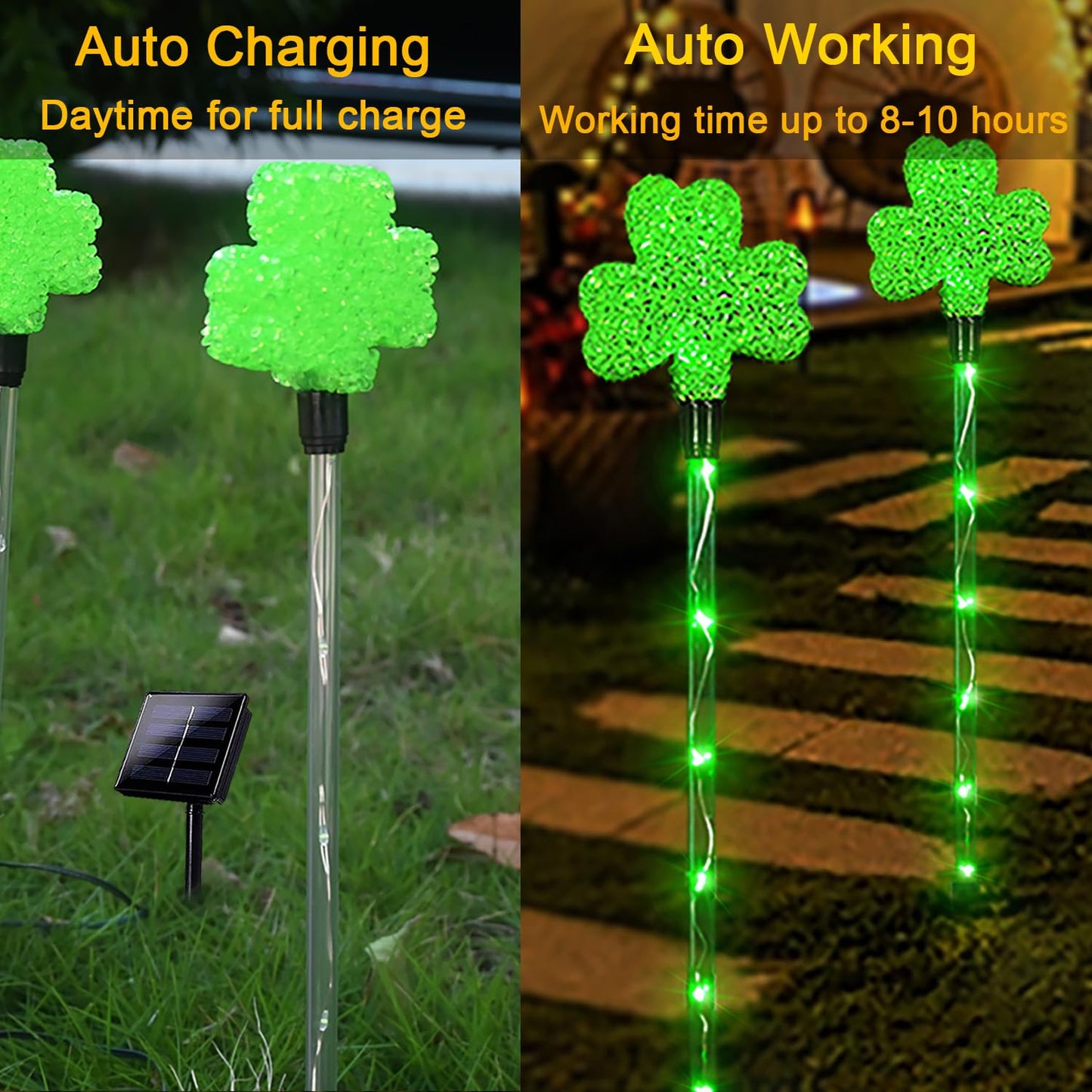 ANLTDTC Solar Shamrocks Garden Stake Lights for St. Patrick's Day Decorations Outdoor, 8 Modes Green Lucky Clover Pathway Lights Waterproof St