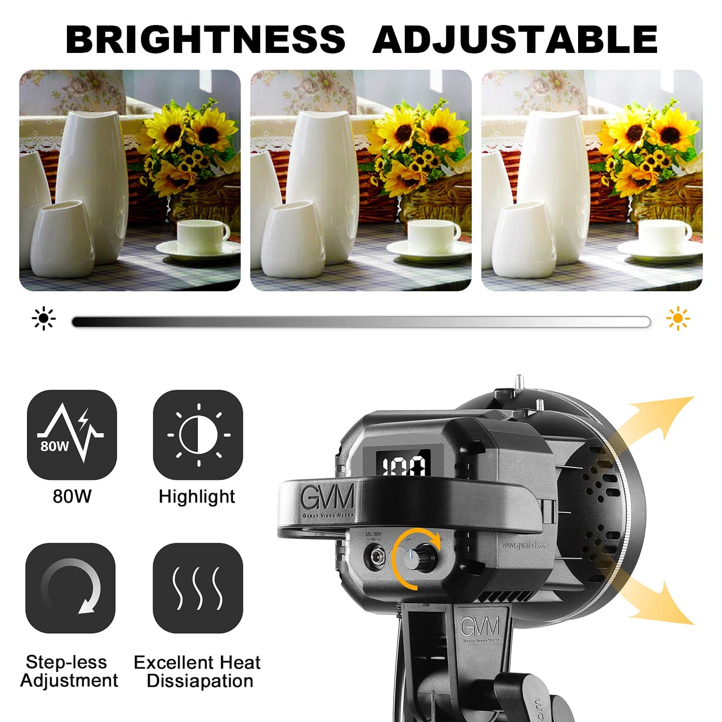 GVM Great Video Maker 80W CRI97+ Video Lights with Bowens Mount Color Temperature 5600K Dimmable LED Continuous Lighting Spotlight Photography