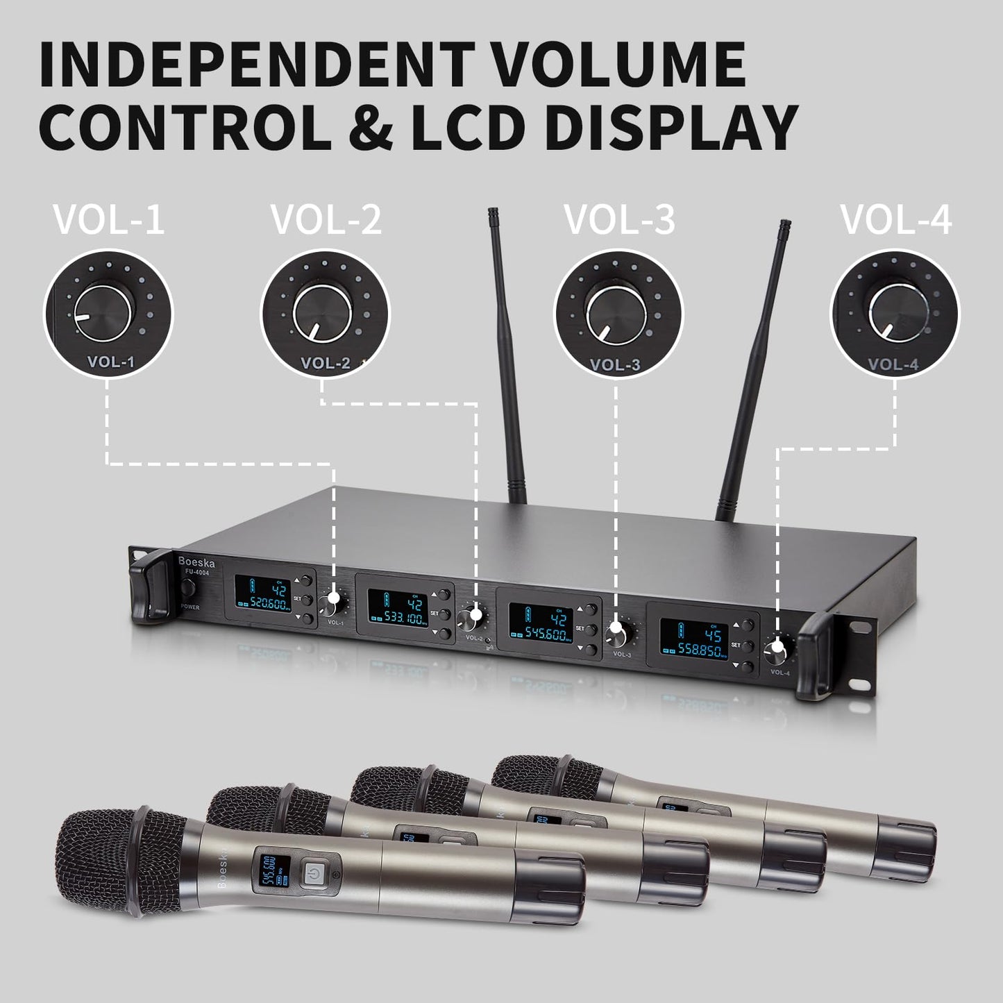 Boeska Wireless Microphone System, 4-Channel UHF Wireless Mic, Fixed Frequency Metal Cordless Mic with 4 Handheld Dynamic Microphones, 200ft Range