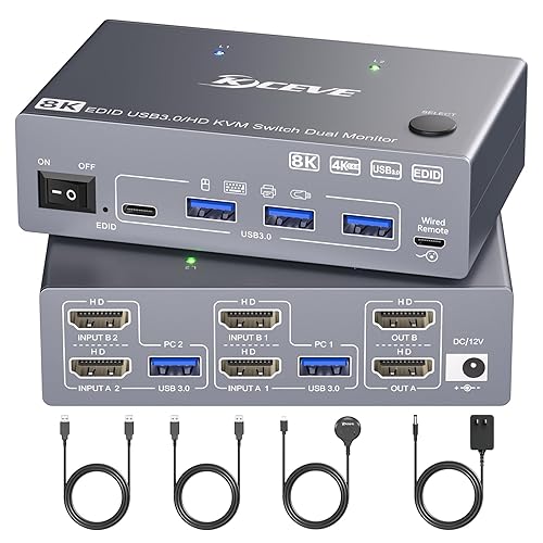 KCEVE USB 3.0 HDMI2.1 KVM Switch 2 Monitors 2 Computers with EDID, 8K@60Hz & 4K@144Hz, Dual Monitor KVM Switch Share Keyboard Mouse, 4 USB 3.0 Ports