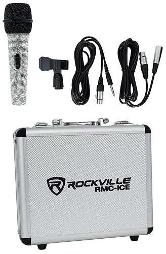 Rockville RMC-ICE Pro Dynamic Vocal Microphone, Cardioid, Faux Diamond-Covered, Rugged Metal Body, 2 Cables, Case, Mic Clip, for Stage, Studio