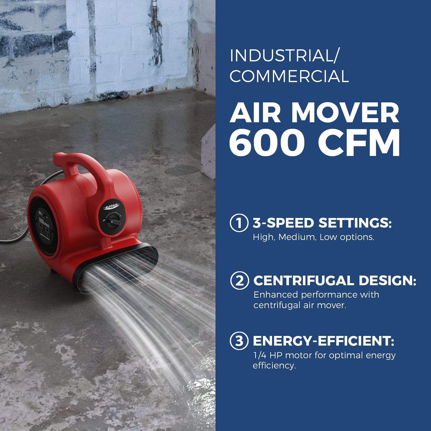 ALORAIR 3 Speed Air Mover Blower Fan 115W 600CFM Utility Floor Fan - Red
