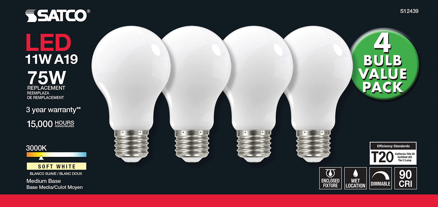 Satco S12439, A19 LED Light Bulbs, 75W Replacement, 3000K, 4-Pack, LED Lamp