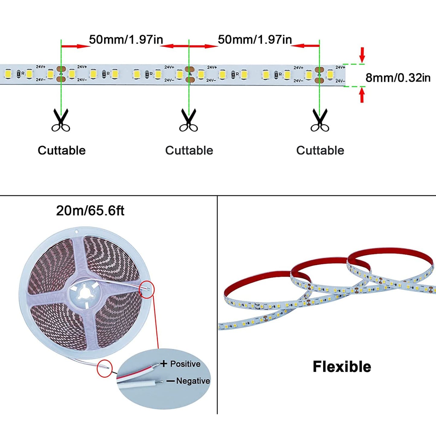 KXZM 24V 65.6ft/20m LED Strip Light Natural White 4000K 2400LEDs High Brightness 12000LM SMD2835 Flexible No-Waterproof IP20 LED Tape for Kitchen