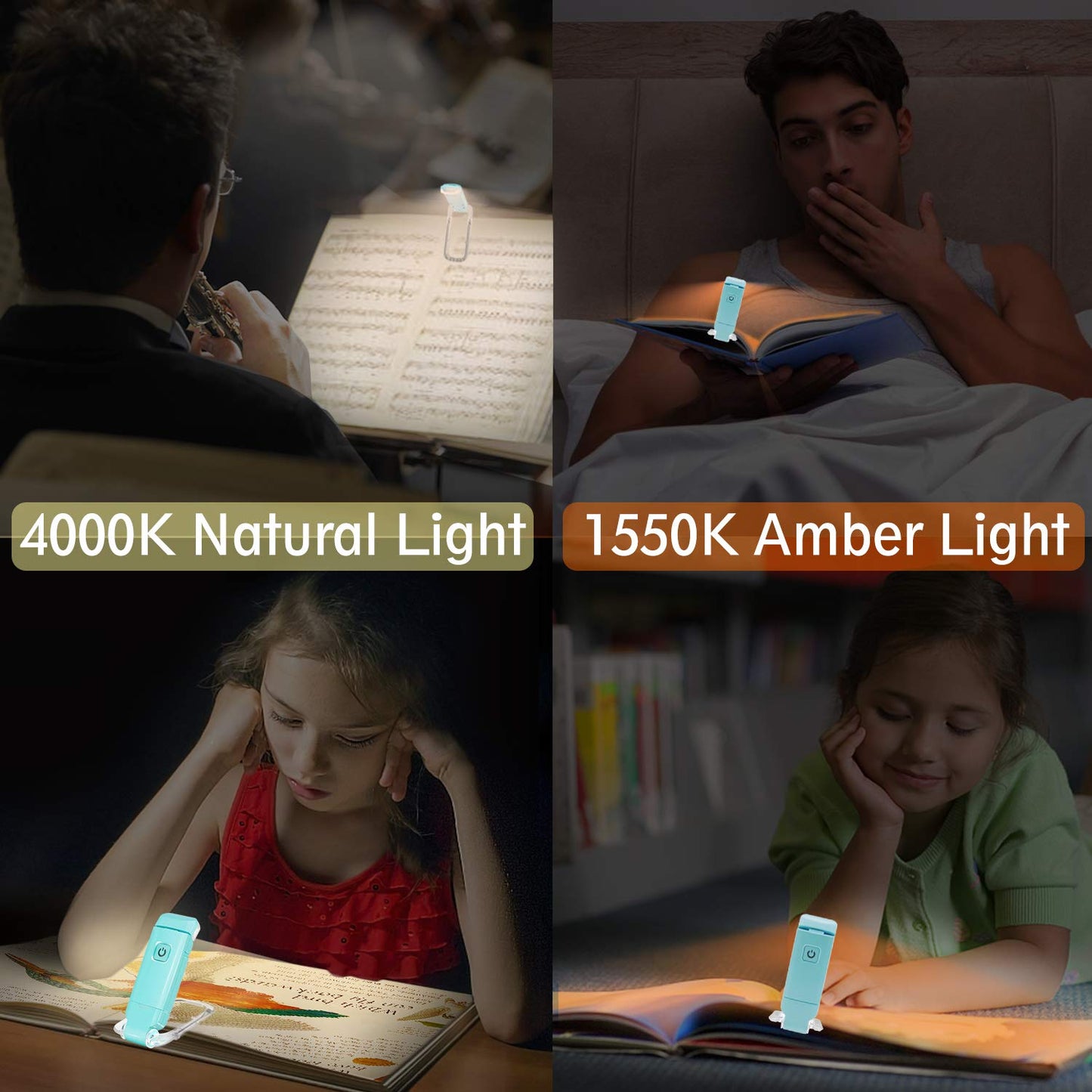 BIGLIGHT Amber Book Reading Light, LED Clip on Book Lights, Reading Lights for Books in Bed, Small Book Light for Kids, USB Rechargeable, 2 Brightness