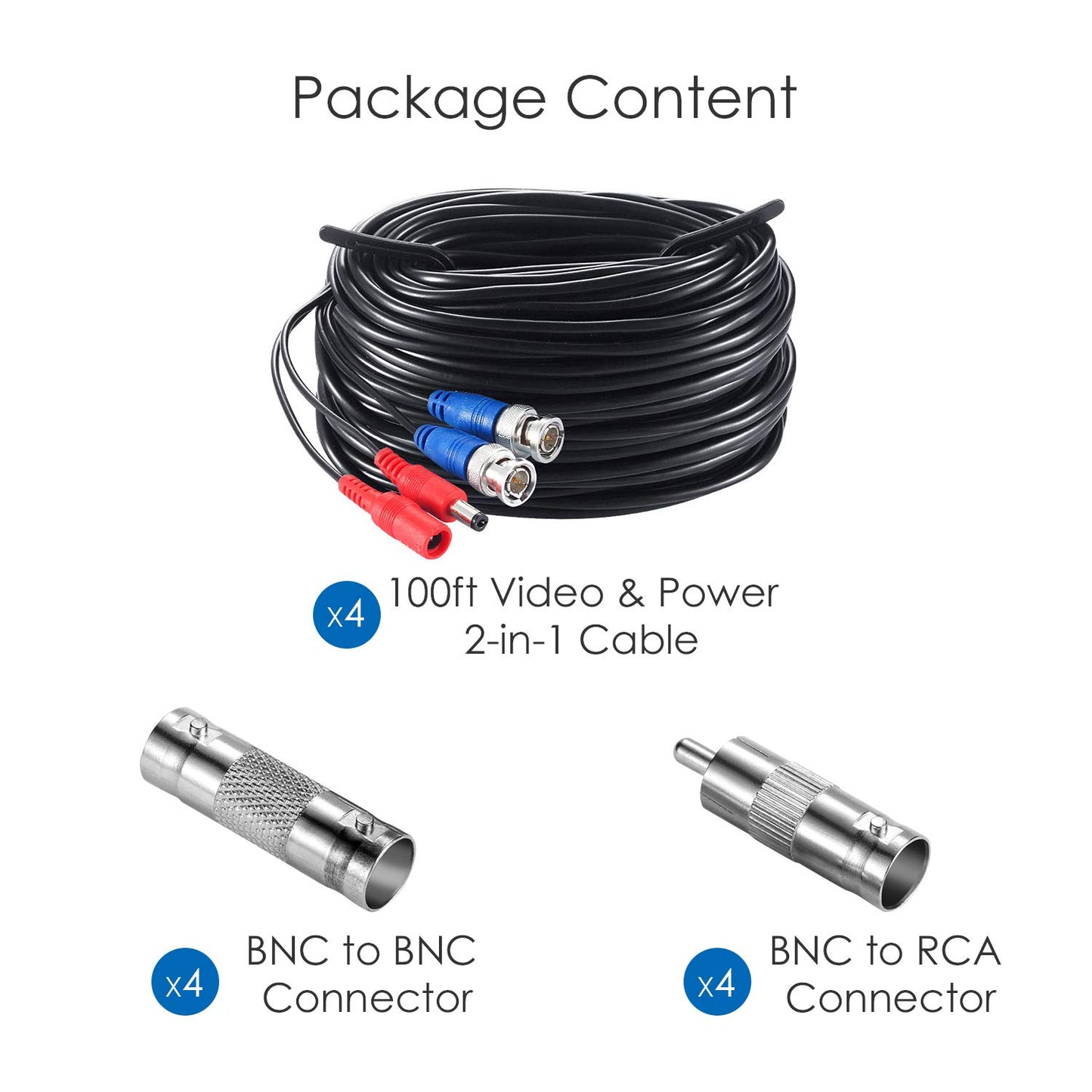 ZOSI 4 Pack 100ft 30M Ahd Tvi Bnc Power Video Cable Wire Connector for Security System CCTV Camera 4336304935