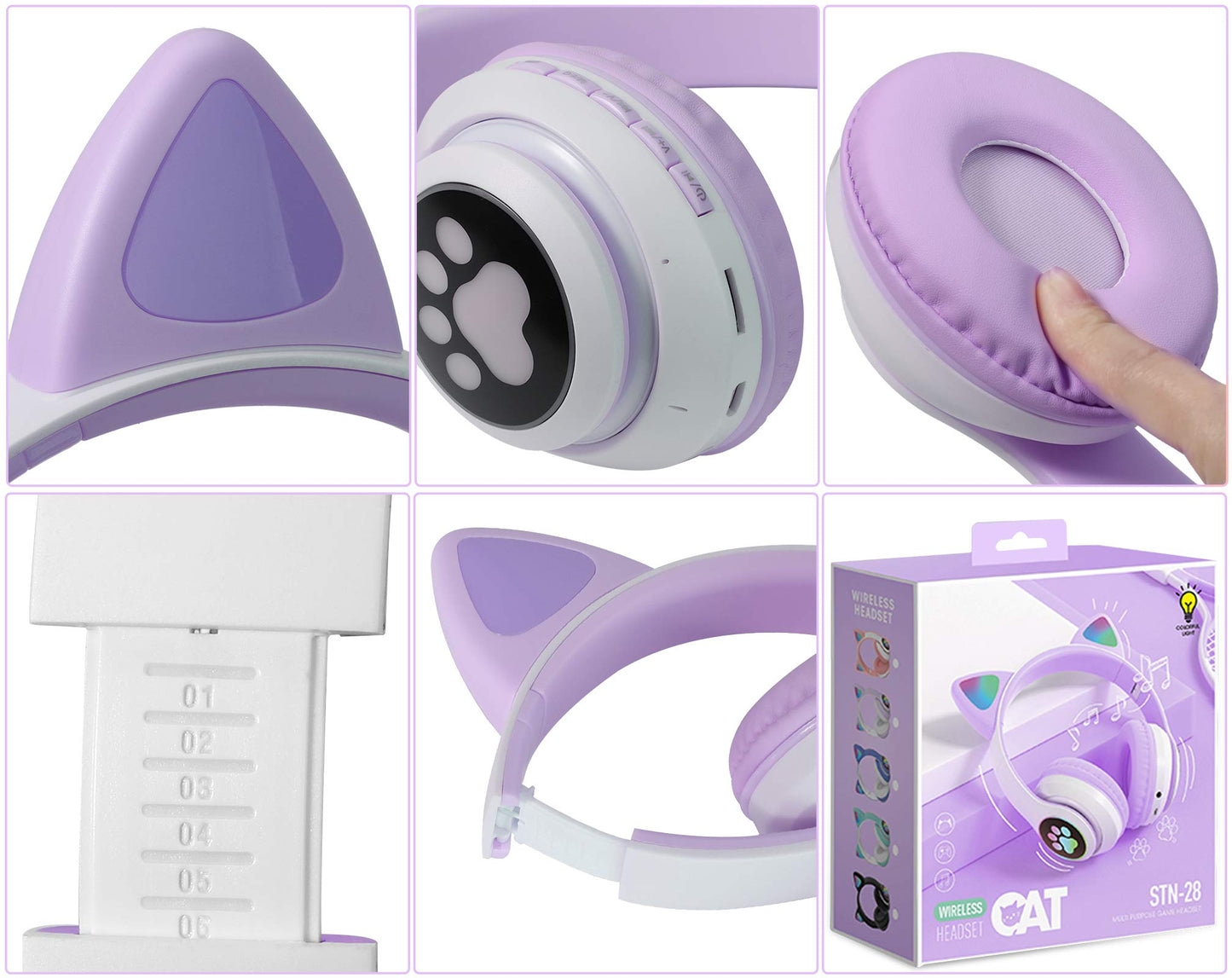 TCJJ Bluetooth 6.0 Cat Ear Kids Headphones for Girls, LED Light Up, 85dB Safe Volume Limit, Stereo Sound Toddler Foldable Wireless & 3.5mm Wired…