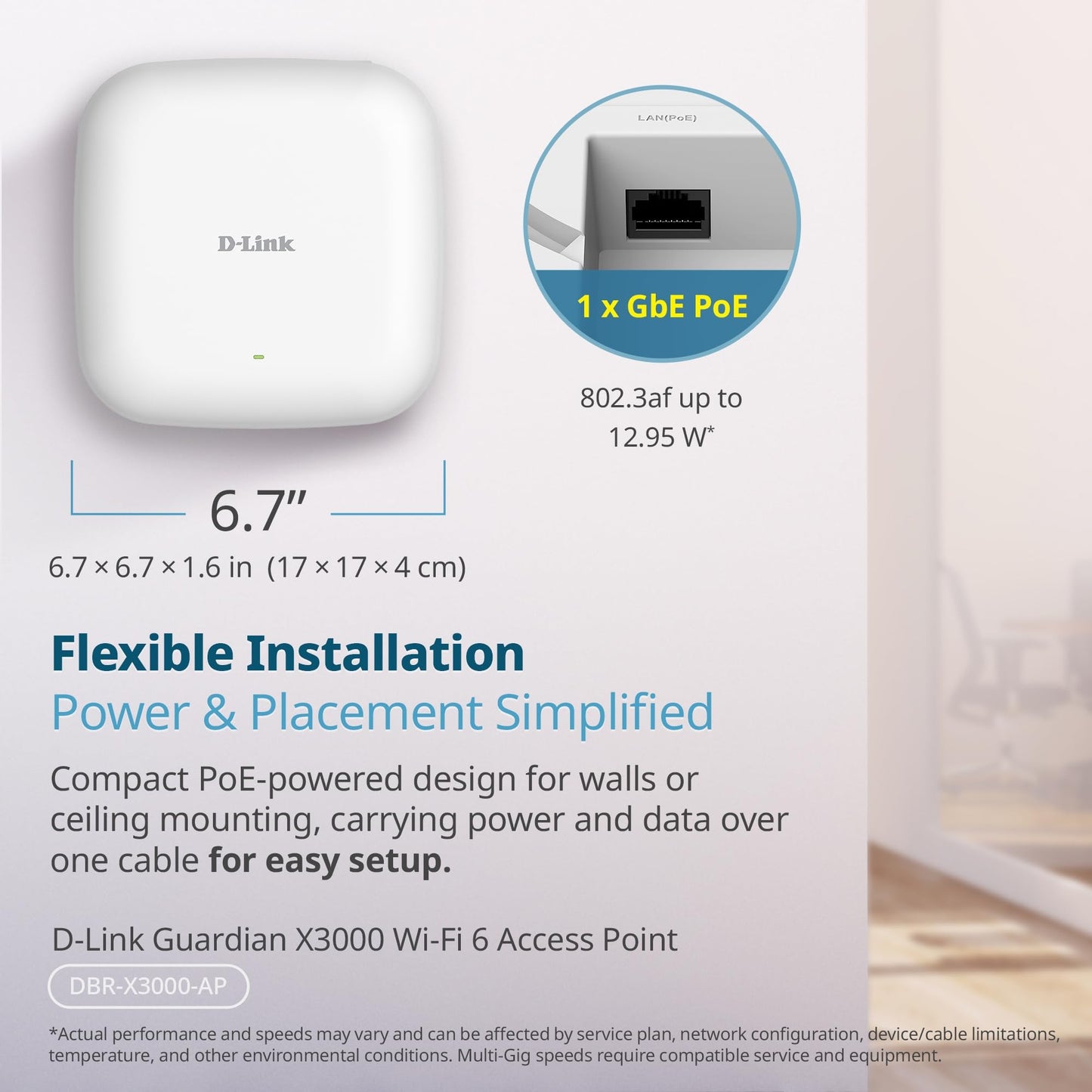 D-Link Guardian X3000 Wi-Fi 6 Access Point (DBR-X3000-AP) Dual-band AX3000 Smart Access Point with WPA3, VLANs, PoE Powered, Guest WiFi, Mesh Support