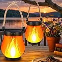 2 Pack Solar Flame Lantern Lights - Flickering Flame Hanging Lanterns Outdoor, Waterproof Garden Lights with 2 Modes Dual Charging USB & Solar Yard