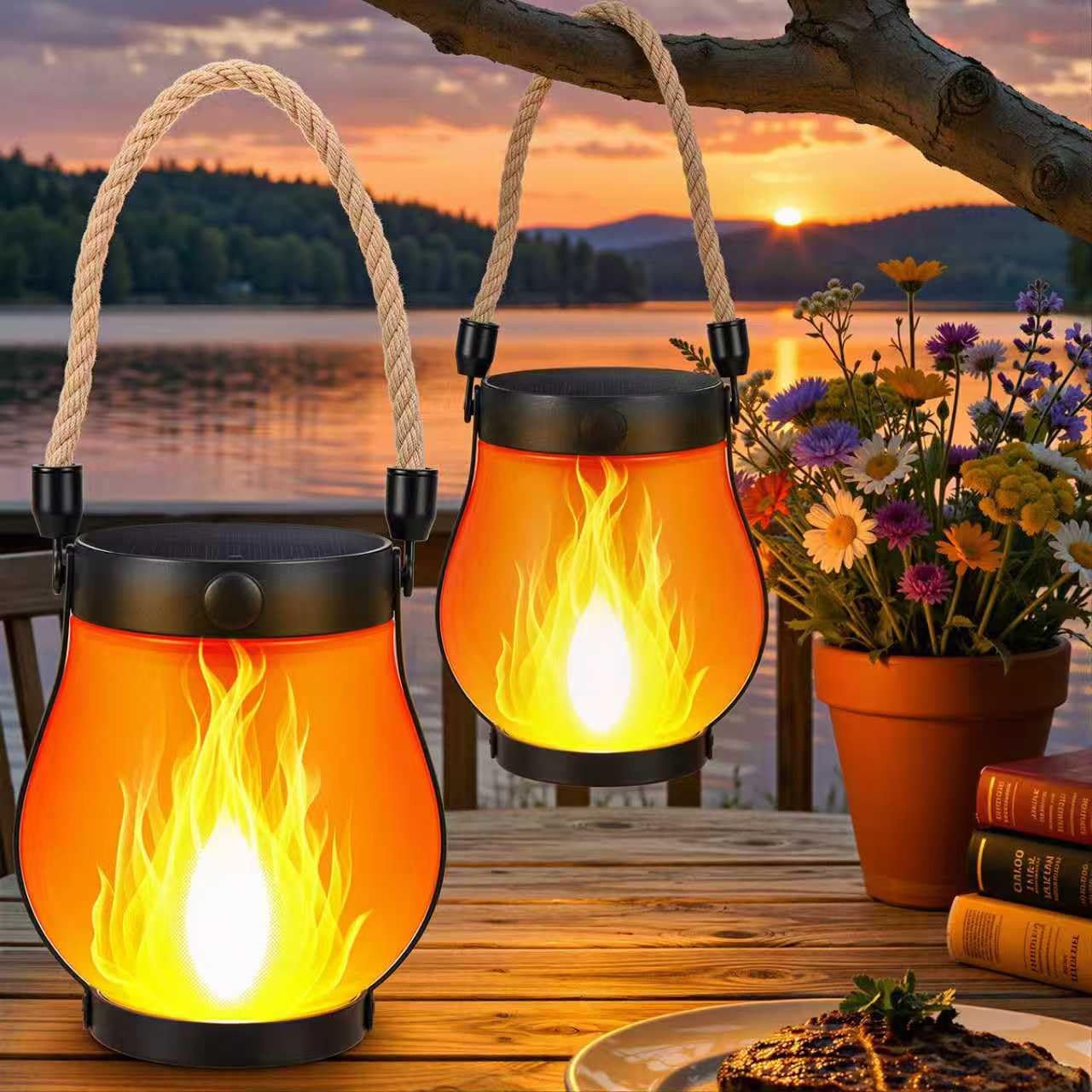 2 Pack Solar Flame Lantern Lights - Flickering Flame Hanging Lanterns Outdoor, Waterproof Garden Lights with 2 Modes Dual Charging USB & Solar Yard