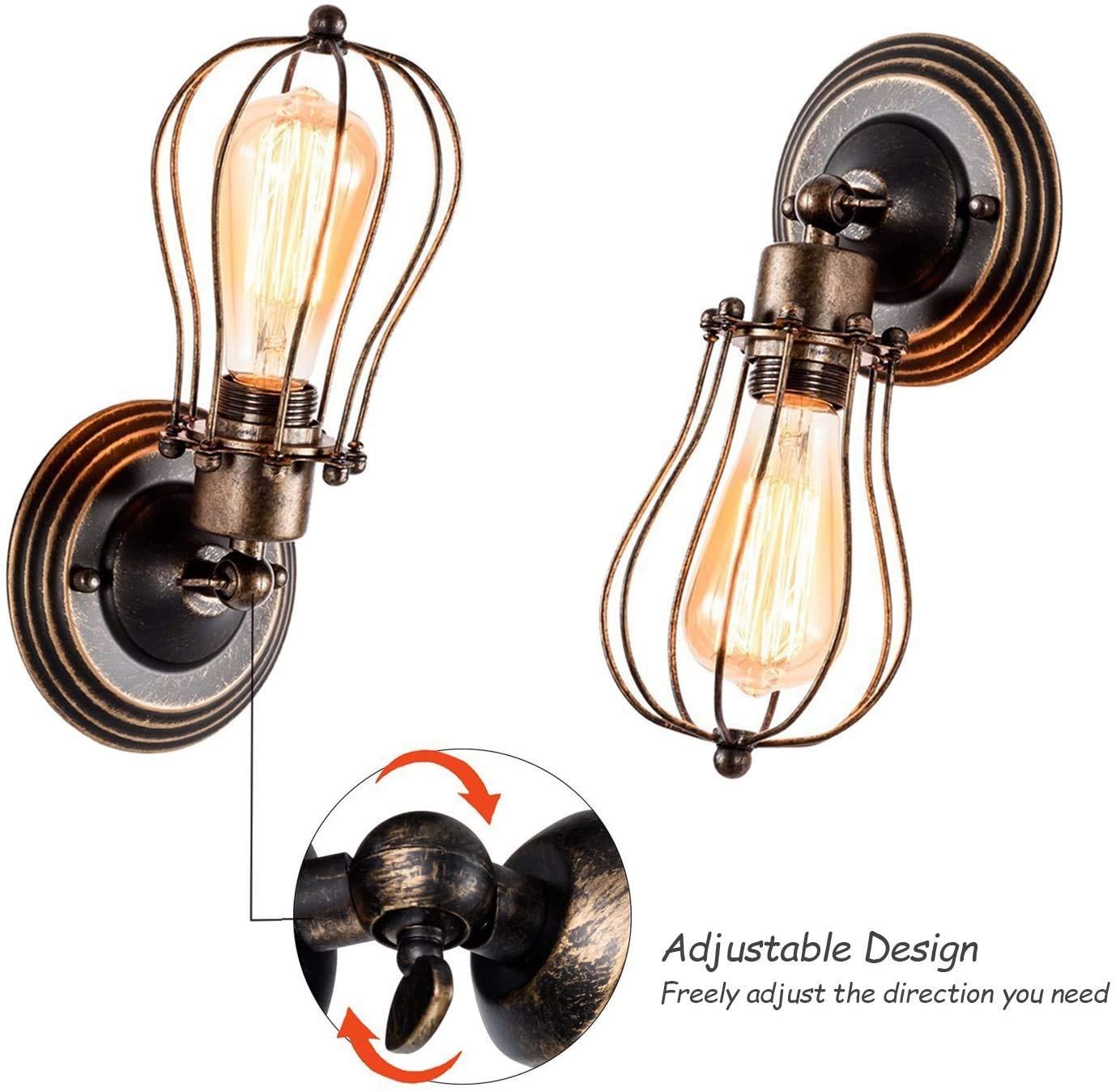 GLADFRESIT Vintage Wall Sconces Set of Two Industrial Wire Cage Light, Vintage Metal Barn Wall lamp, Indoor Farmhouse Lights Fixture Adjustable