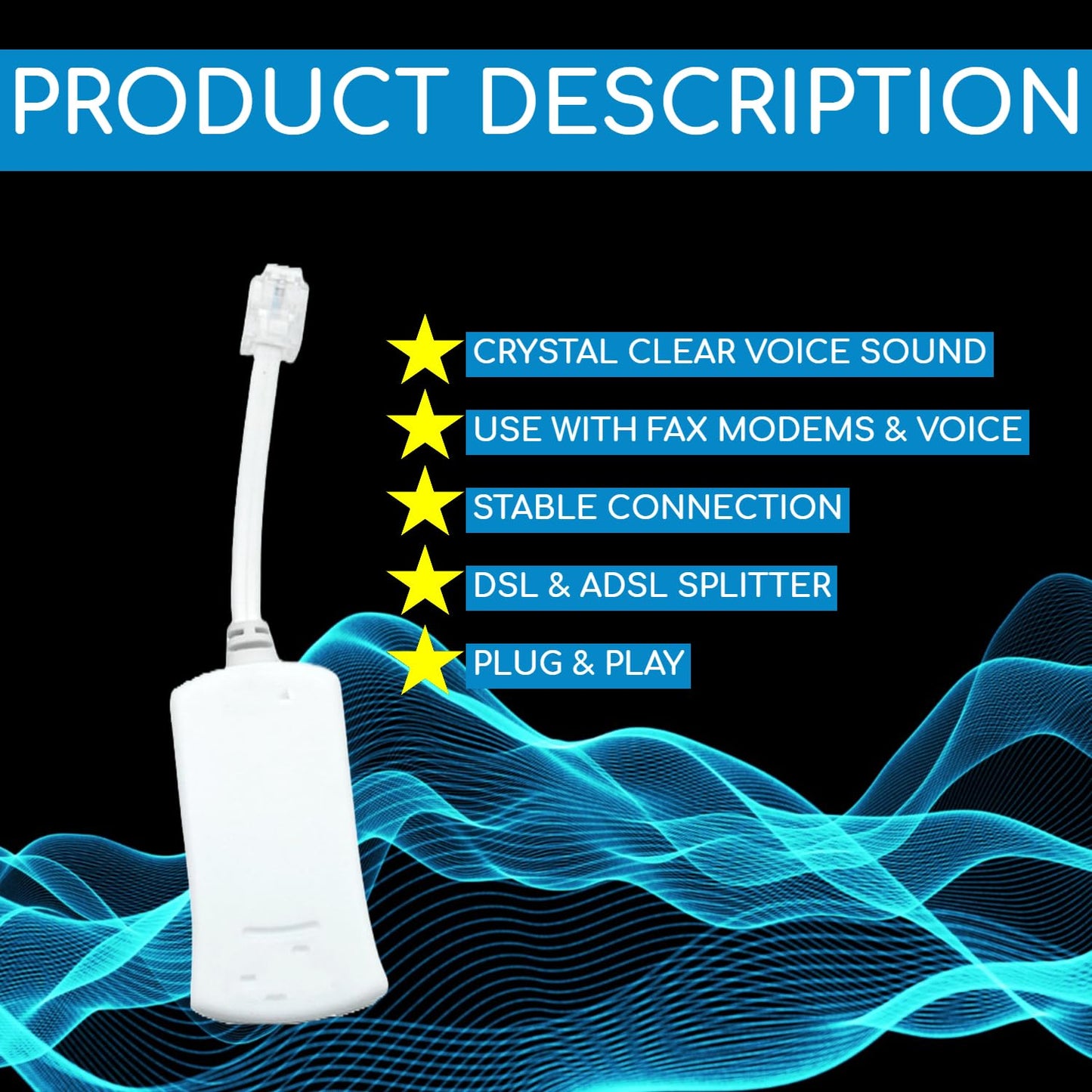 DSL Filter for Landline Phone DSL Modem Phone Filter Adapter RJ11 Splitter Male to Female ADSL Cable for Interference Static Noise Blocker ADSL