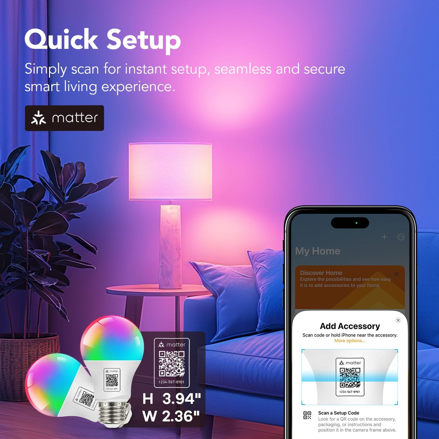 OREiN Matter Smart Light Bulb, A19 RGBTW Color Changing Light Bulbs, 4 Pack