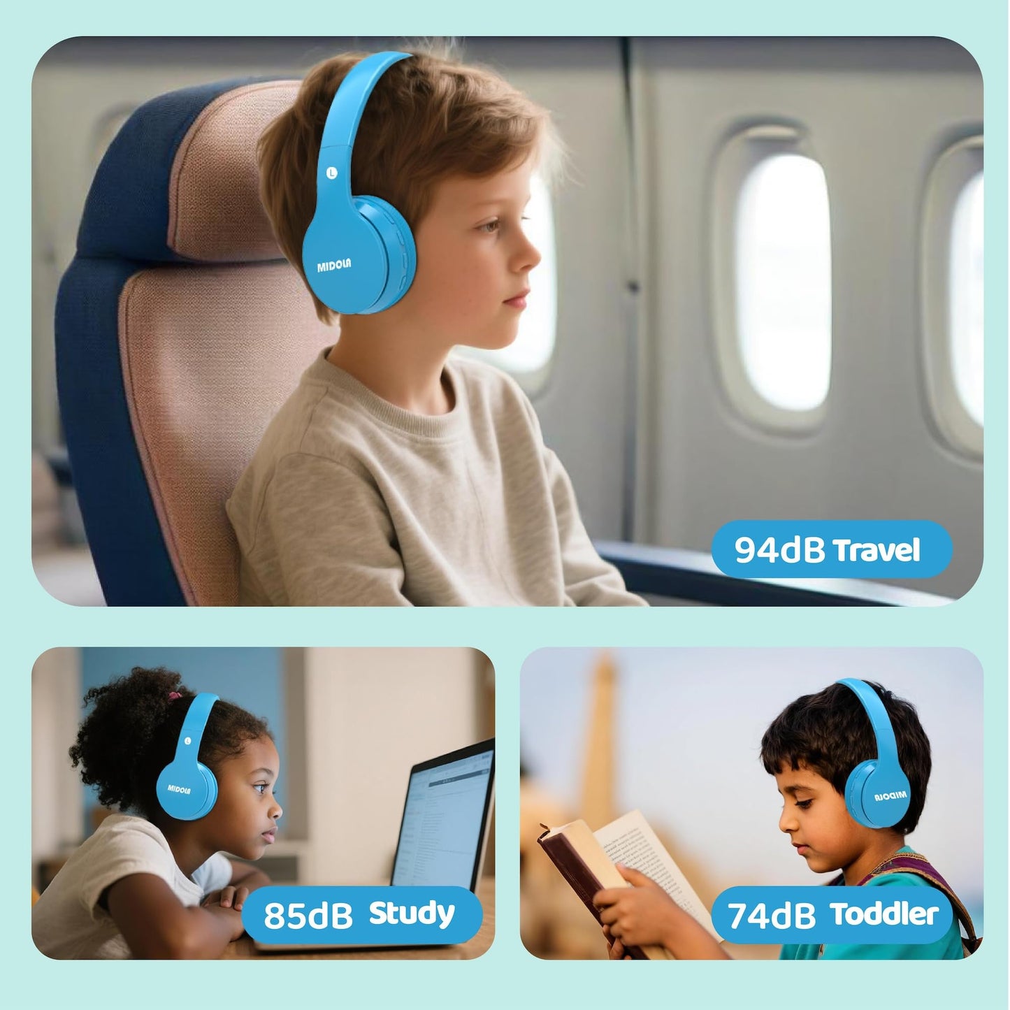 MIDOLA Kids Headphones Bluetooth 5.4 Wireless 68H Play Time Volume Limit 85/94dB Over-Ear Foldable Headset,Type-C Fast Charging,with Wired Aux Mic…