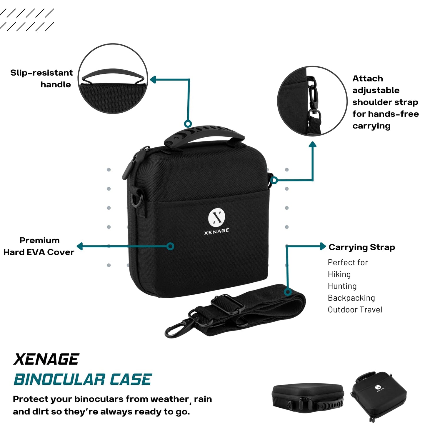 Xenage Binocular Case with Heavy-Duty Water-Resistant Hard EVA Cover (7x7x2.5”) Carry Handle, and Carrying Strap for Hiking, Hunting, Backpacking