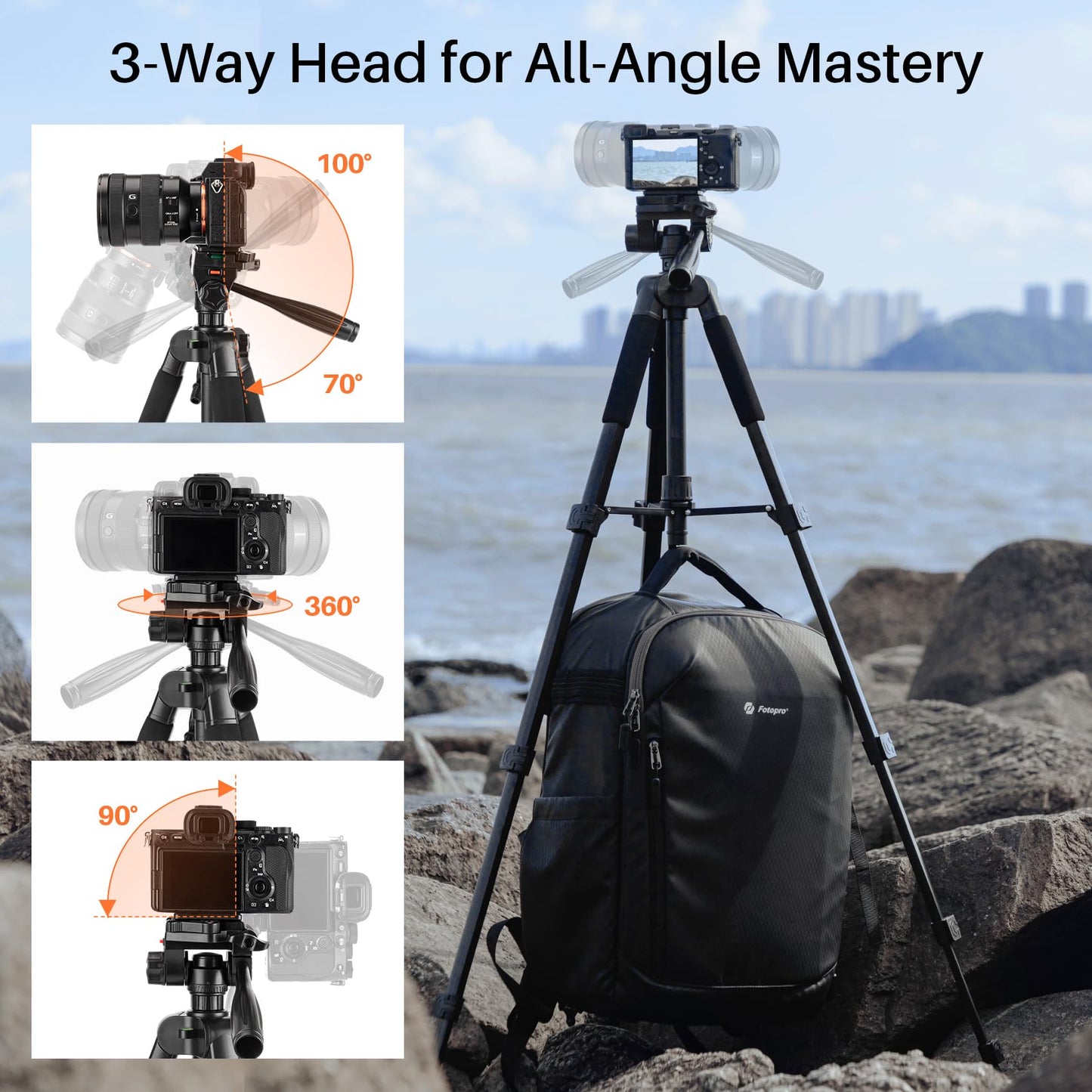 Fotopro 69'' Camera Tripod Lightweight Portable Travel Tripod for Camera and Phone with Detachable 3-Way Pan Head Phone Stand for Video Recording