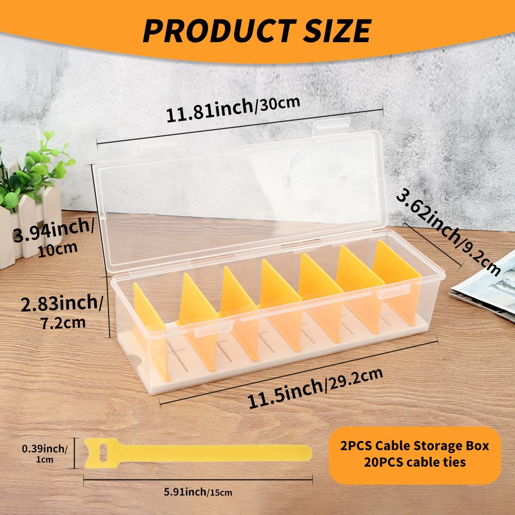 2 Pack Cable Organizer Storage Box with 20 Cable Ties For Drawer,Storage Box Digital Accessories Key Jewelry(Transparent)
