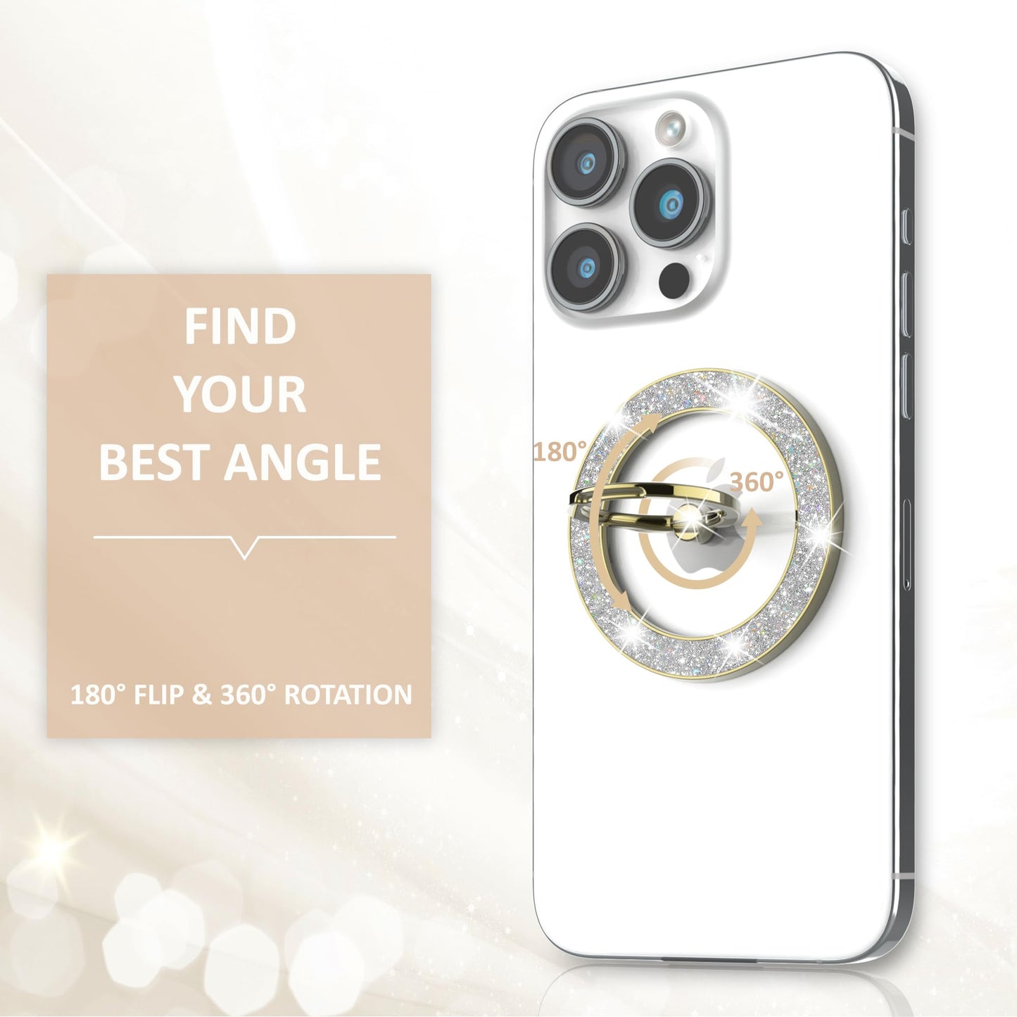 Pikabo Magnetic Phone Ring Holder for MagSafe, Glitter Phone Grip Stand with 360° Rotation Finger Ring Kickstand Compatible with iPhone MagSafe