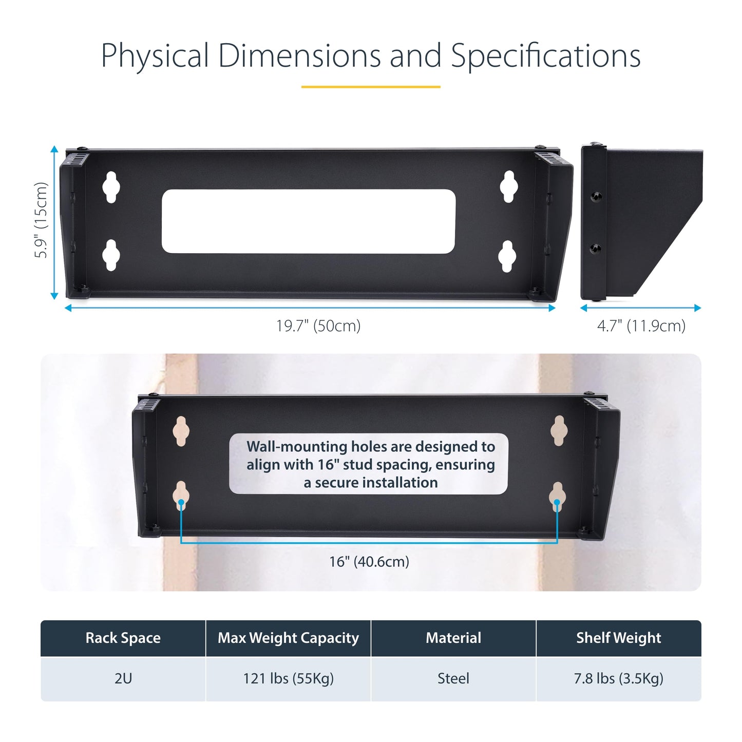 StarTech.com 2U Vertical Wall-Mount Bracket for 19inch Rack Mountable Equipment, 121lb/55kg Capacity, for Patch Panels/Servers