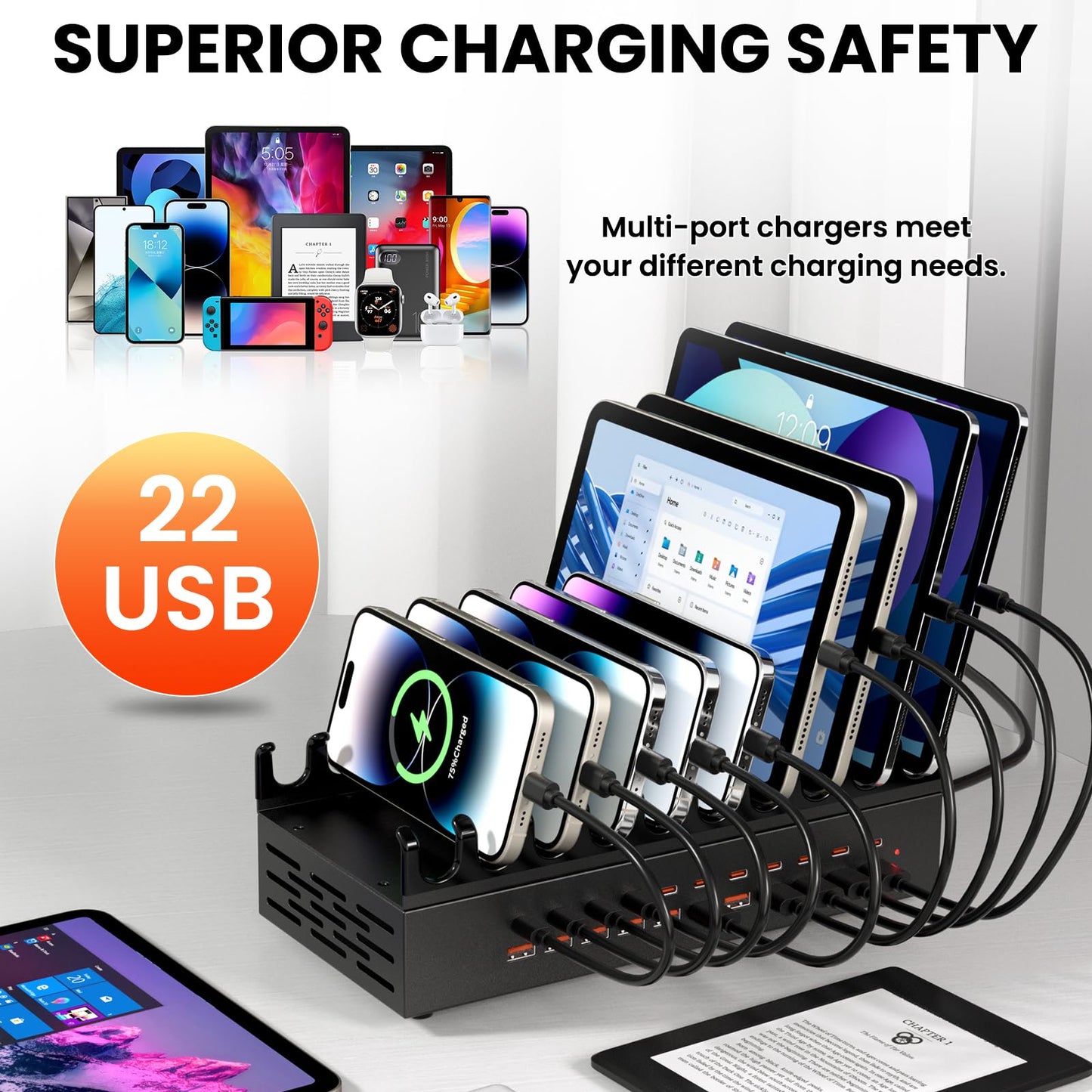 300W USB Charging Station for Multiple Devices - 22 Ports Desktop Multi Fast Charger Station with Device Organizer Stand & Multi Protection, US? Power