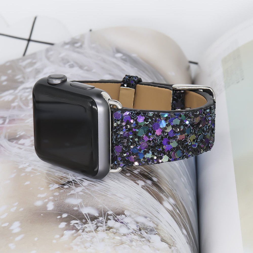 Bling Band Compatible with Apple Watch Bands 38mm 40mm 41mm 42mm 44mm 45mm 46mm 49mm Ultra 3/2/1, Glitter Sparkle Leather Strap For iWatch Band Series