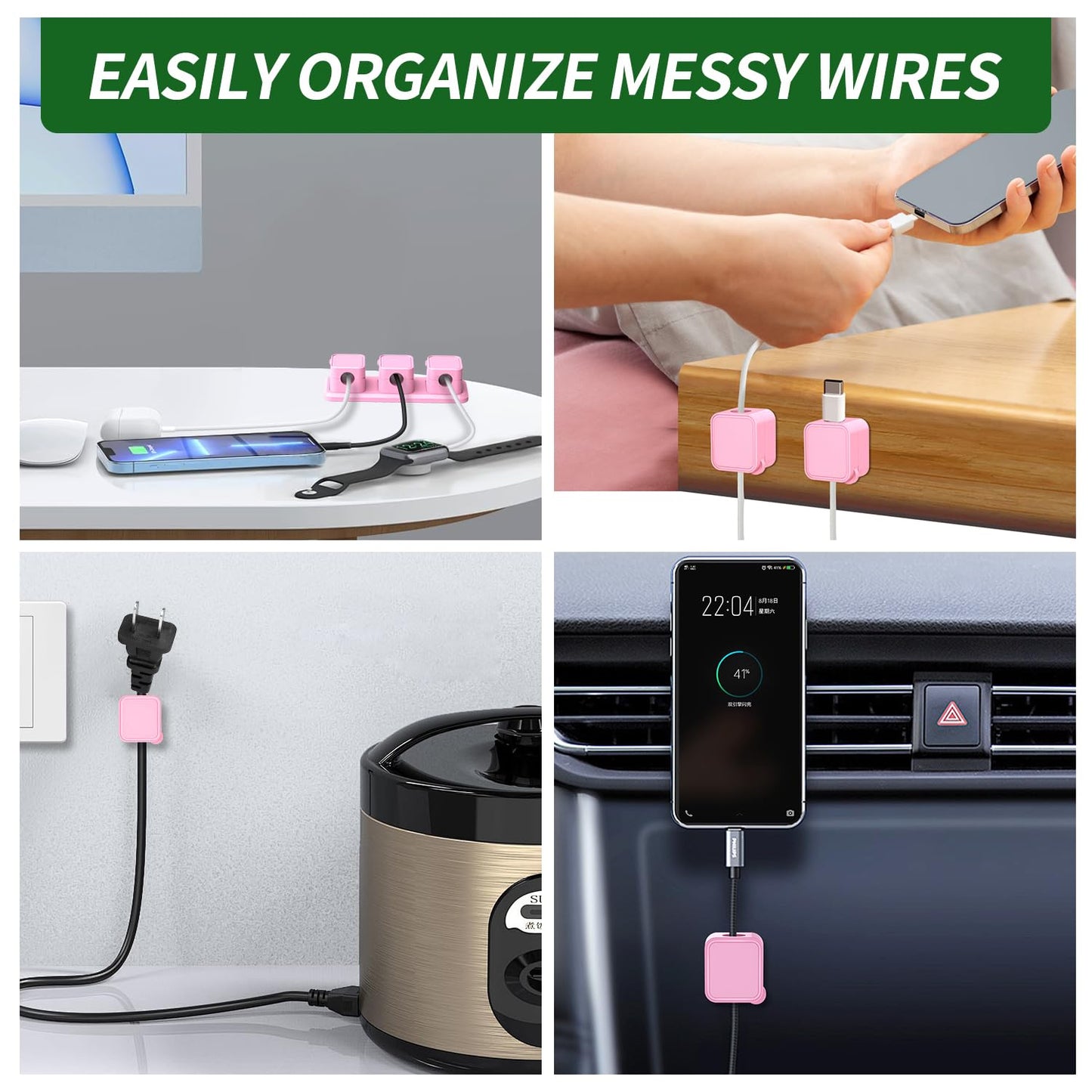 Magnetic Cable Organizer for Desk - Upgraded Wire Clips with Adhesive Base - Desktop Cord Holder for USB, Charging Cables - 6 Clips + 1 Magnetic Base