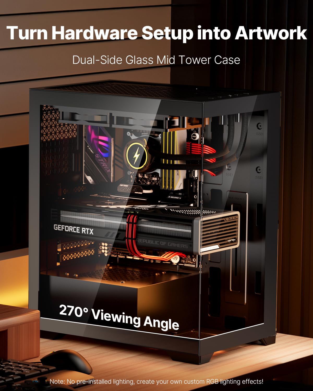 VEVOR PC Gaming Case, Mid-Tower, Computer Case with High-Airflow Tempered Glass Panel, Dust Filter, 2 x 120 mm Fans, Cable Management, for GPU up