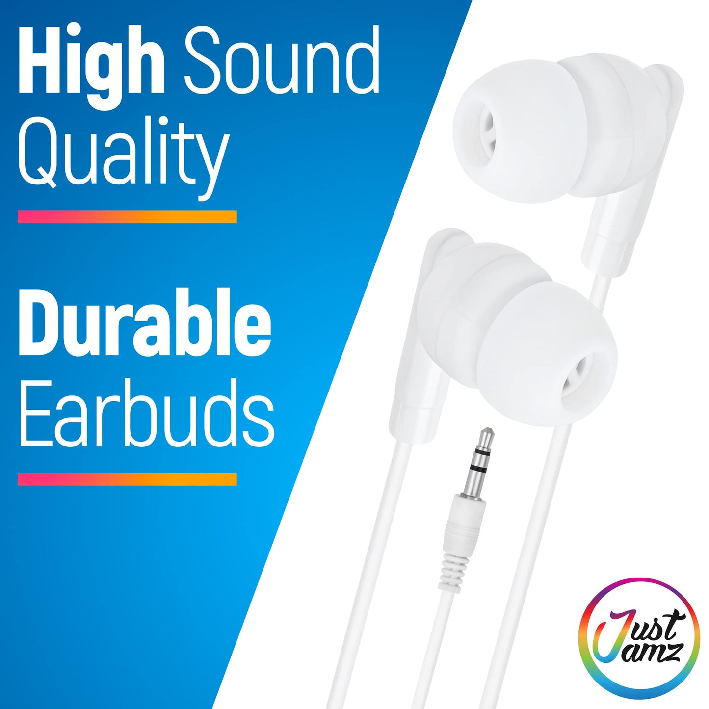 JustJamz Pearl White Bulk Headphones 100 Pack - Wired Earbuds Bulk for Classroom, Schools, and Students - Disposable Ear Buds for Kids and Adults