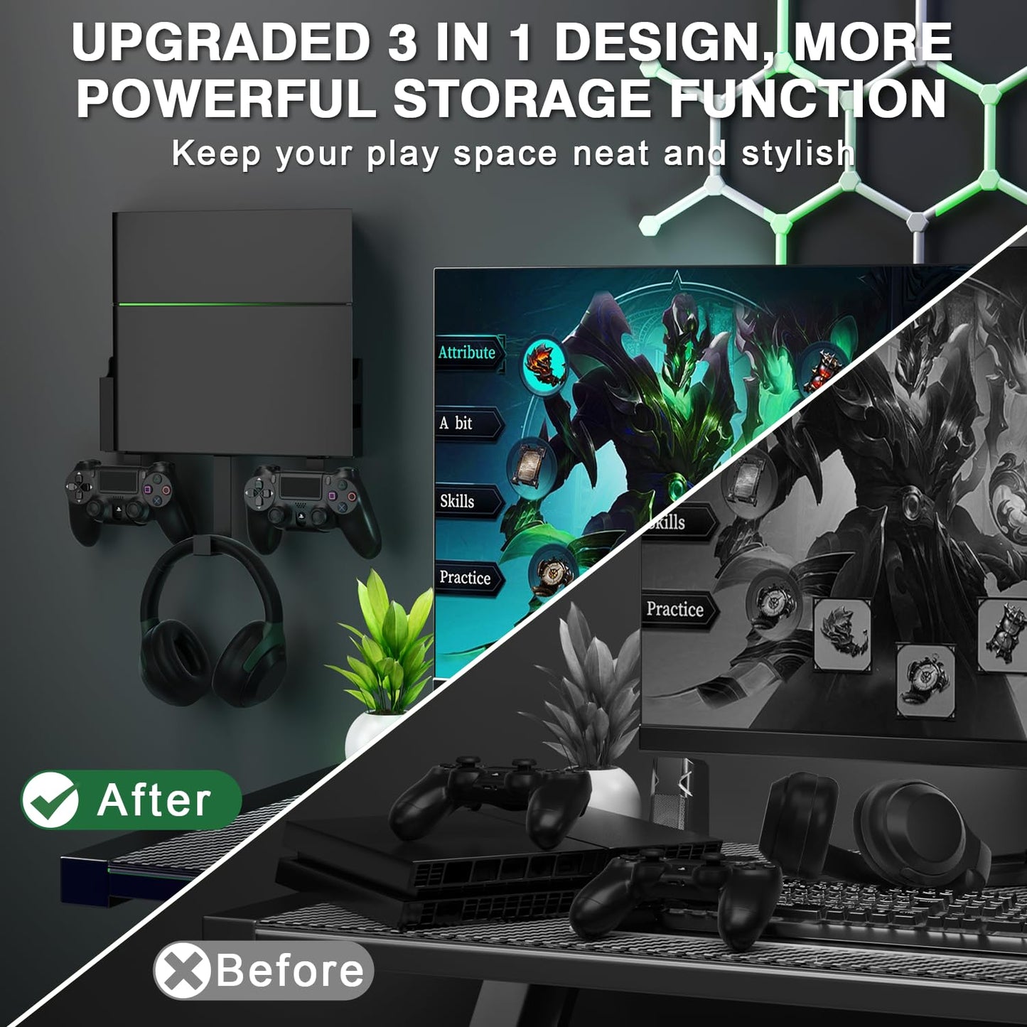 Wall Mount for PS4, Stealth Wall Mount for PS4 Original (Old Model), with Detachable 2 Controller Holder & Headphone Hanger, Mount on The Wall or on