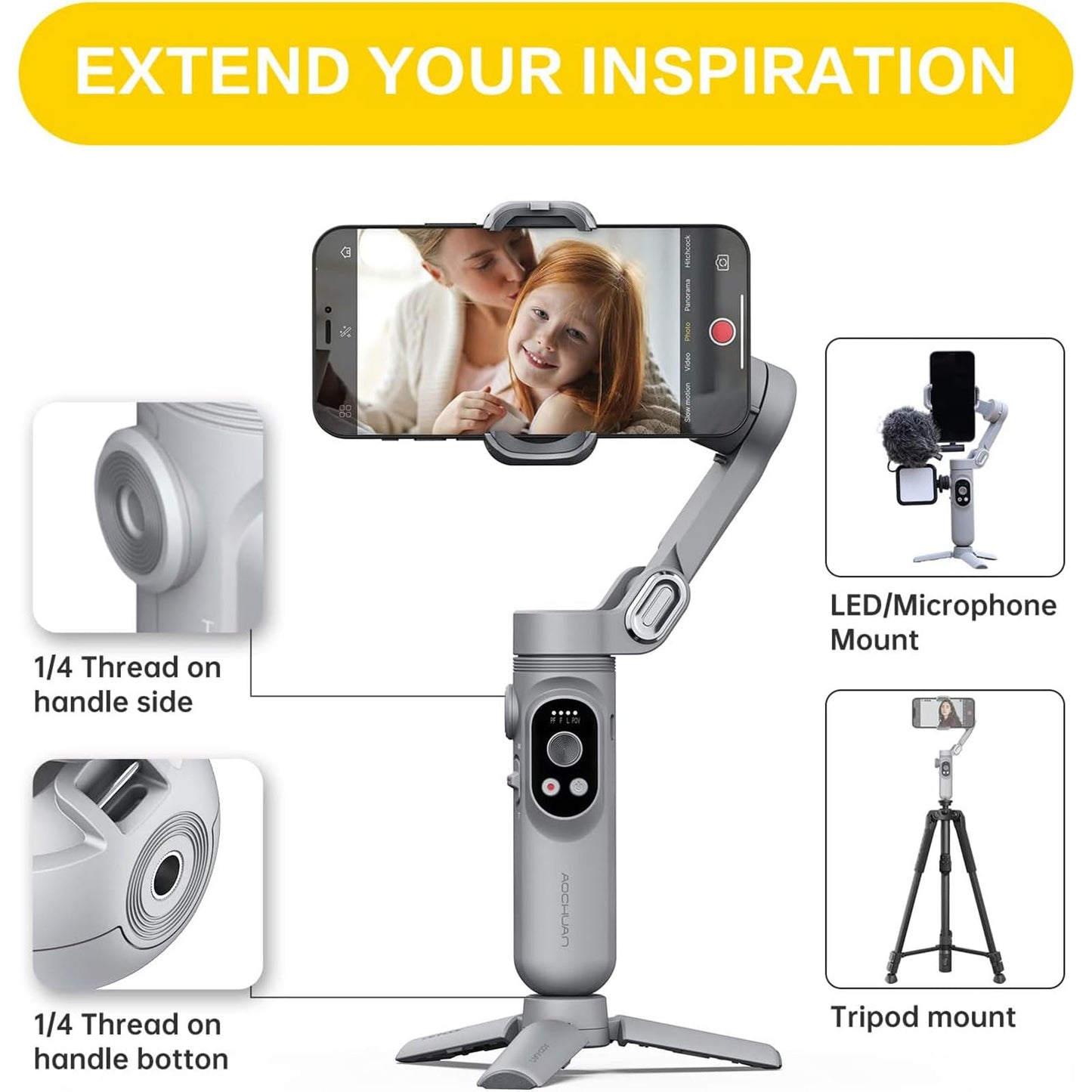Gimbal Stabilizer for Smartphone w/LED Light Face Tracking Inception Timelapse Handheld Foldable 3-Axis Gimble for iPhone 15 14 13 12 11 Pro Max
