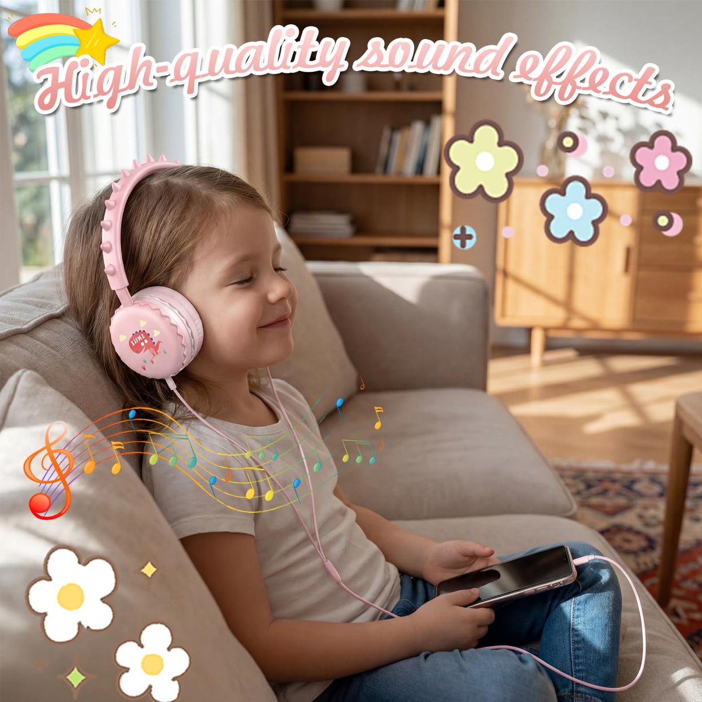 KERHAND Kids Dinosaur Wired Headphones, Pink