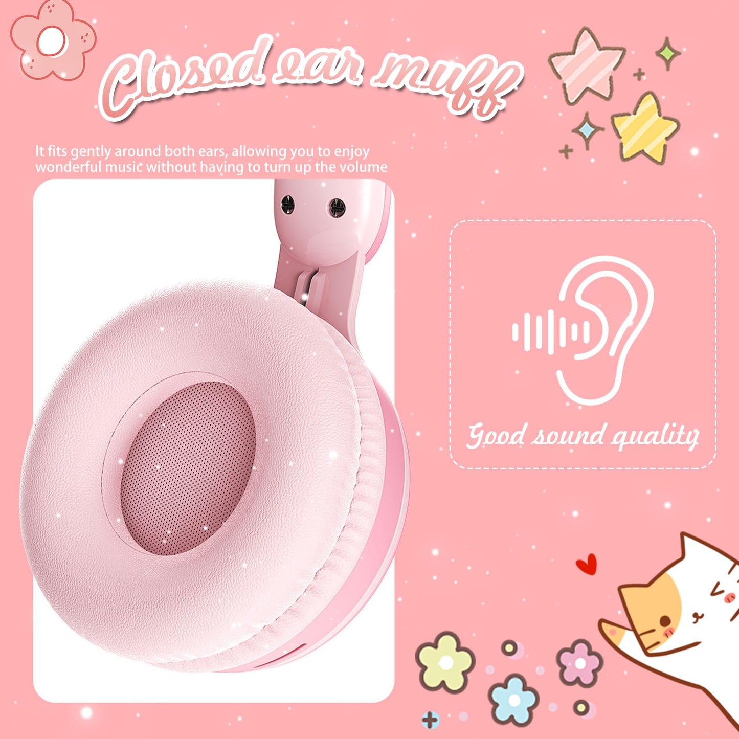 KERHAND Kids Bluetooth Cat Ear Headphones LED Light, Noise Cancelling, Pink