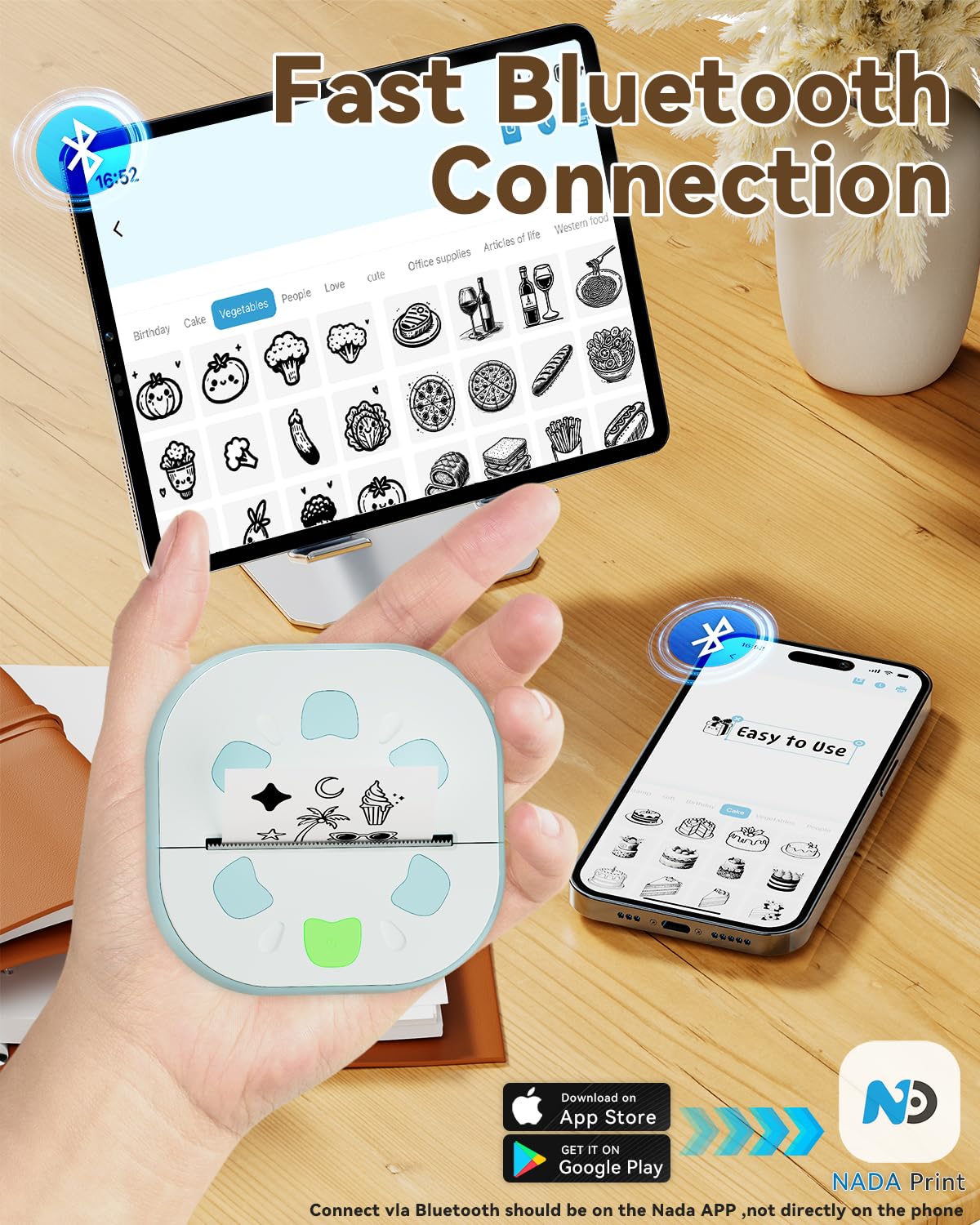 NDYIN Sticker Printer, PrintPods Mini Printer, Bluetooth Portable Sticker Maker with 3 Rolls Paper, Print Pod Inkless Thermal Printer for iPhone