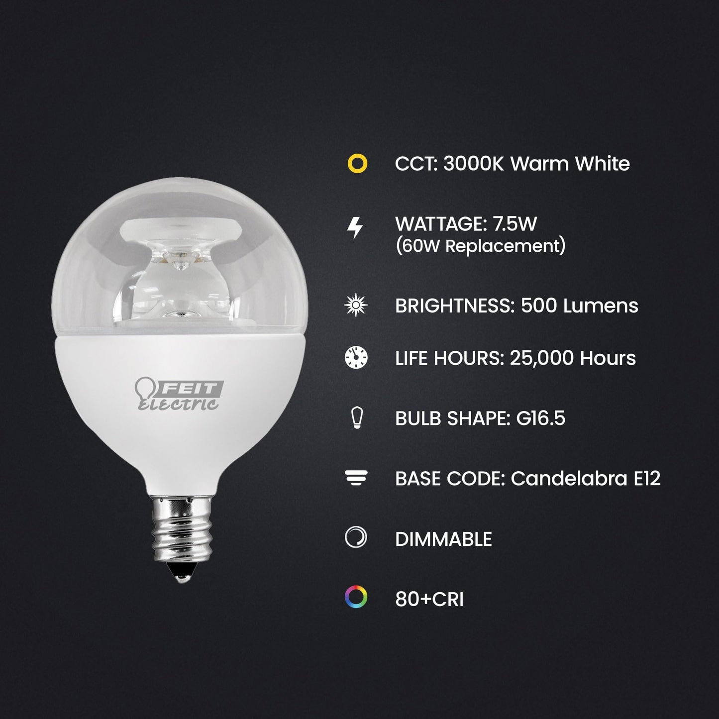 Feit Electric G16.5 Light Bulb, 60W Eq, Warm White