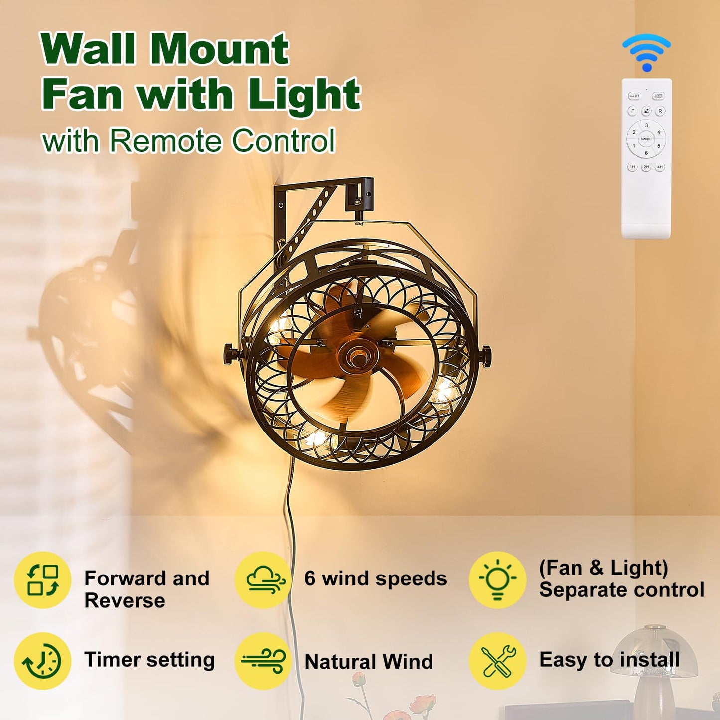 SAYTOP 20" Wall Mount Fan with Lights, Wall Mounted Fan with Remote, 360° Adjustable Tilt Plug In Wall Fan, Indoor Industrial Fan Wall Mount