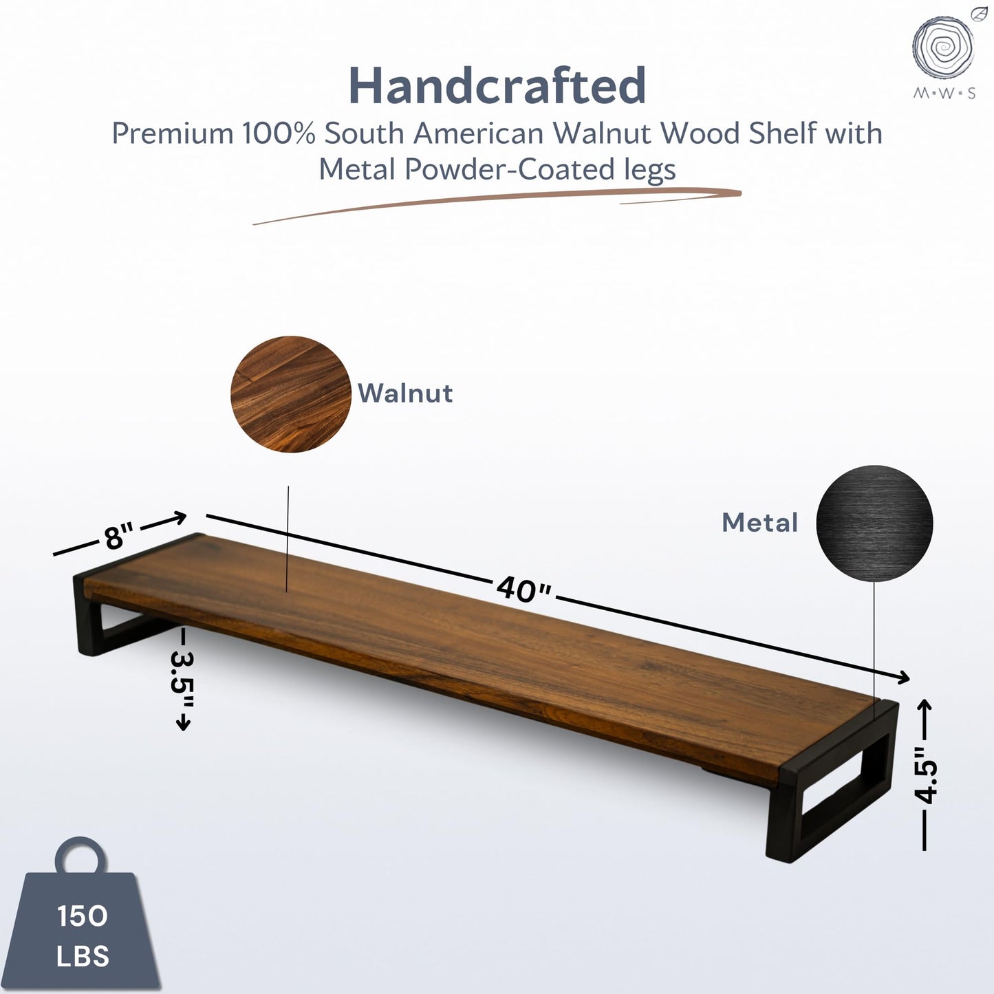 Dual Monitor Stand Riser for Desk - 40” Wide Walnut Solid Wood Desk Riser with Metal U-Legs, Scratch-Resistant, Hassle-Free Assembly