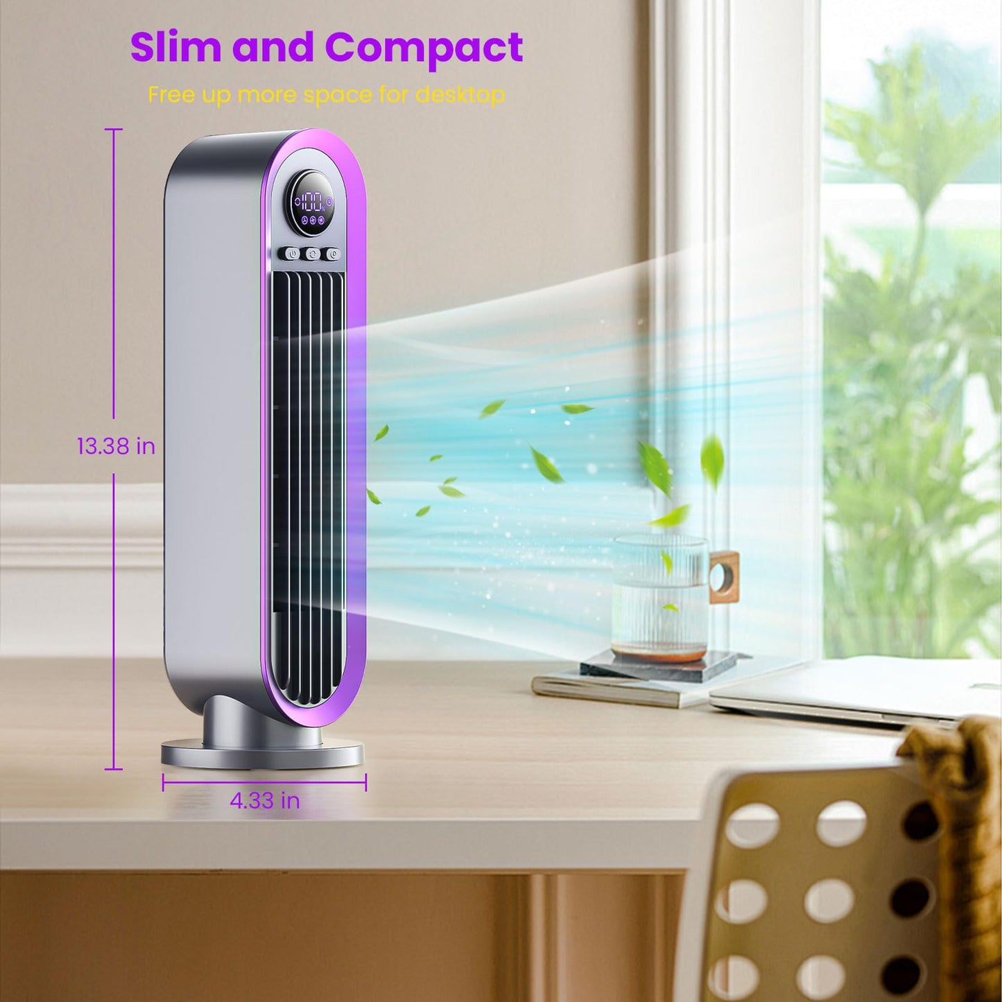 Misby Desk Fan, 13 Inch Small Bladeless Table Fan for Saving Space, Quiet Office Fan Rechargeable, 3 Speed & 8H Timer, 90° Oscillating Fan