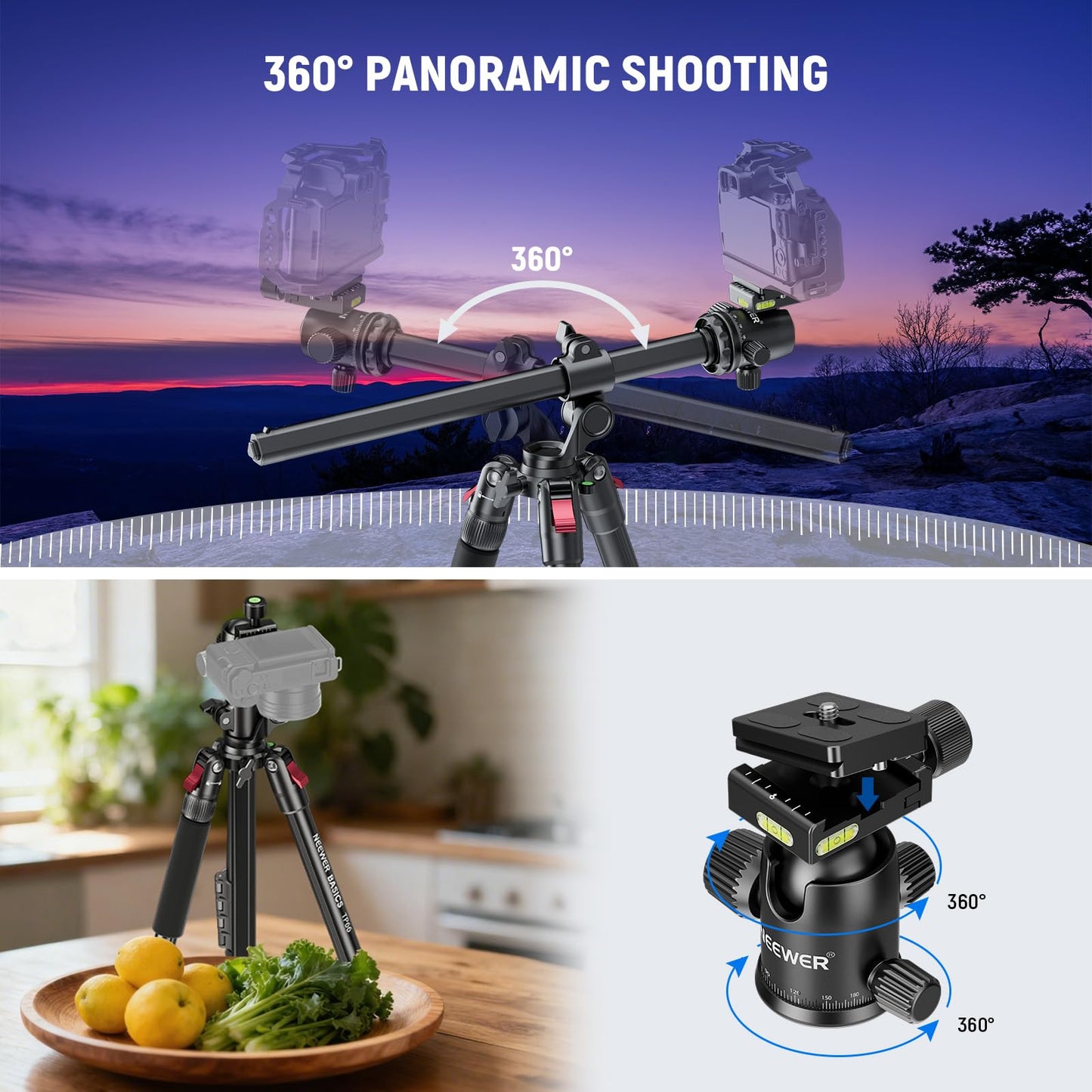 NEEWER Basics 64.5" Horizontal Overhead Tripod with Ball Head/Cell Phone Holder Compatible with iPhone Video Recording, Aluminum Travel Stand Camera