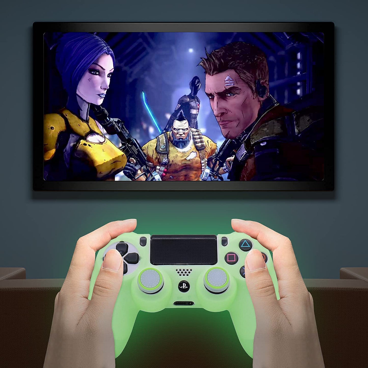 HLRAO Green Anti-Slip Glow in The Dark Protective Silicone Cover Skin Grips Compatible with PS4/Slim/Pro Controller with 8 PCS Thumb Grips Caps and 2