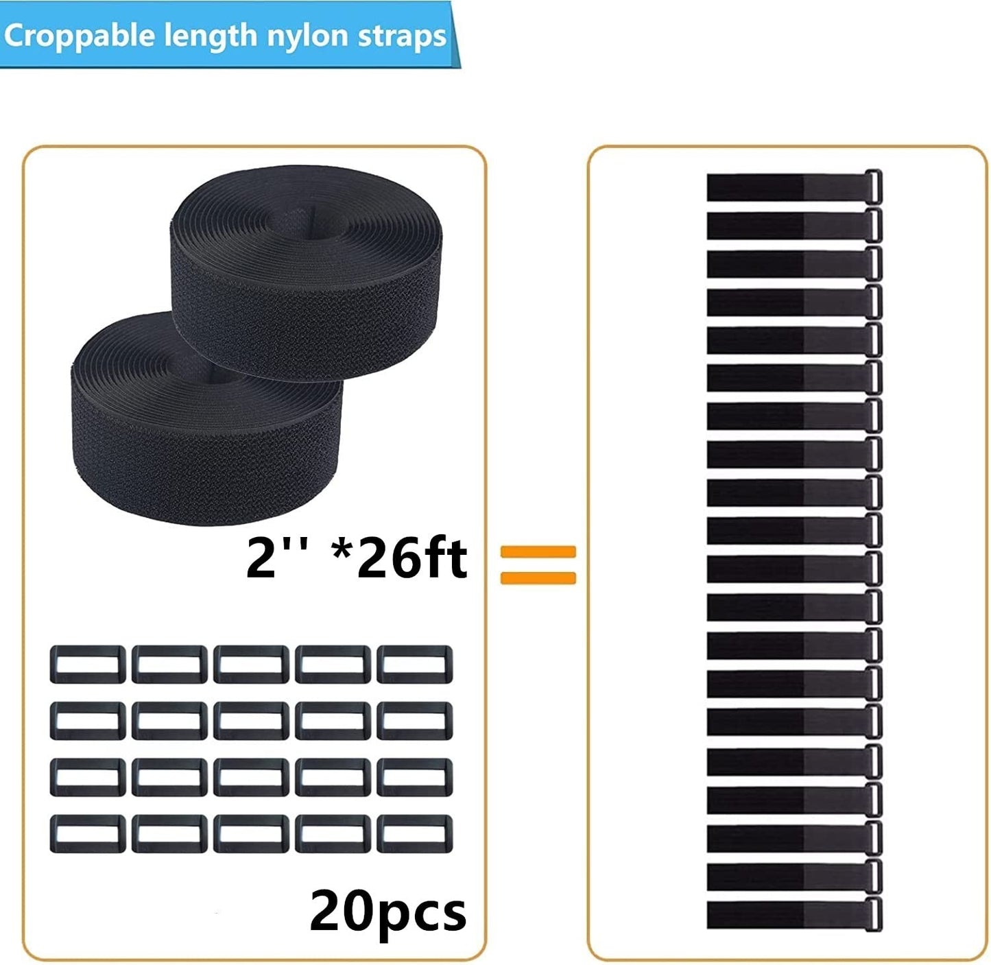 Jumpso 2 Rolls 26FT 2 inch Wide Cable Straps with 20 Buckles, Heavy Duty Nylon Hook and Loop Straps for Fastening Securing, Reusable Cut-to-Length