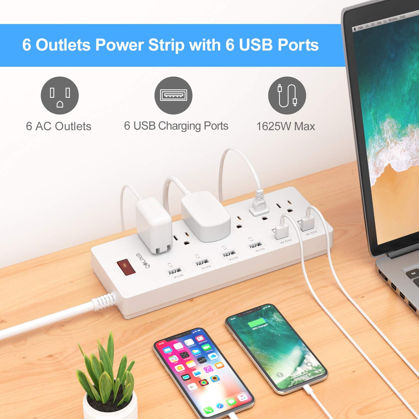 Power Strip Surge Protector with USB Ports Flat Plug with Overload Surge Protection (White)
