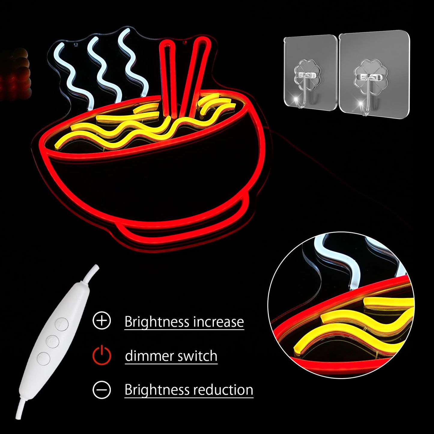 LULANMP Ramen Neon Sign for Wall Decor Noodle LED Neon Lights Dimmable Food Noodle Light Up Signs LED Neon Signs for Japanese Resturant Home Bar